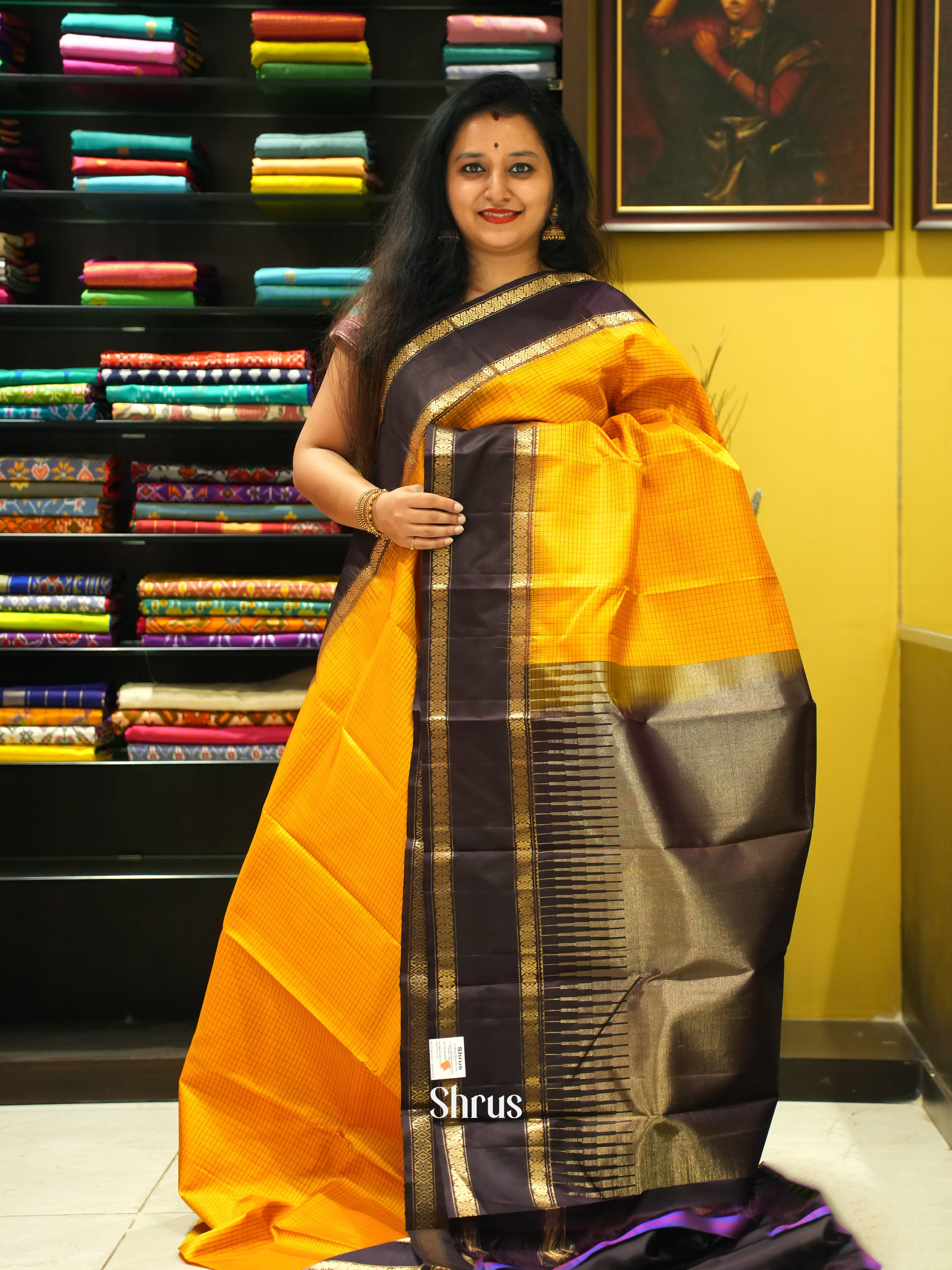 Yellow & Brown - Soft Silk Saree