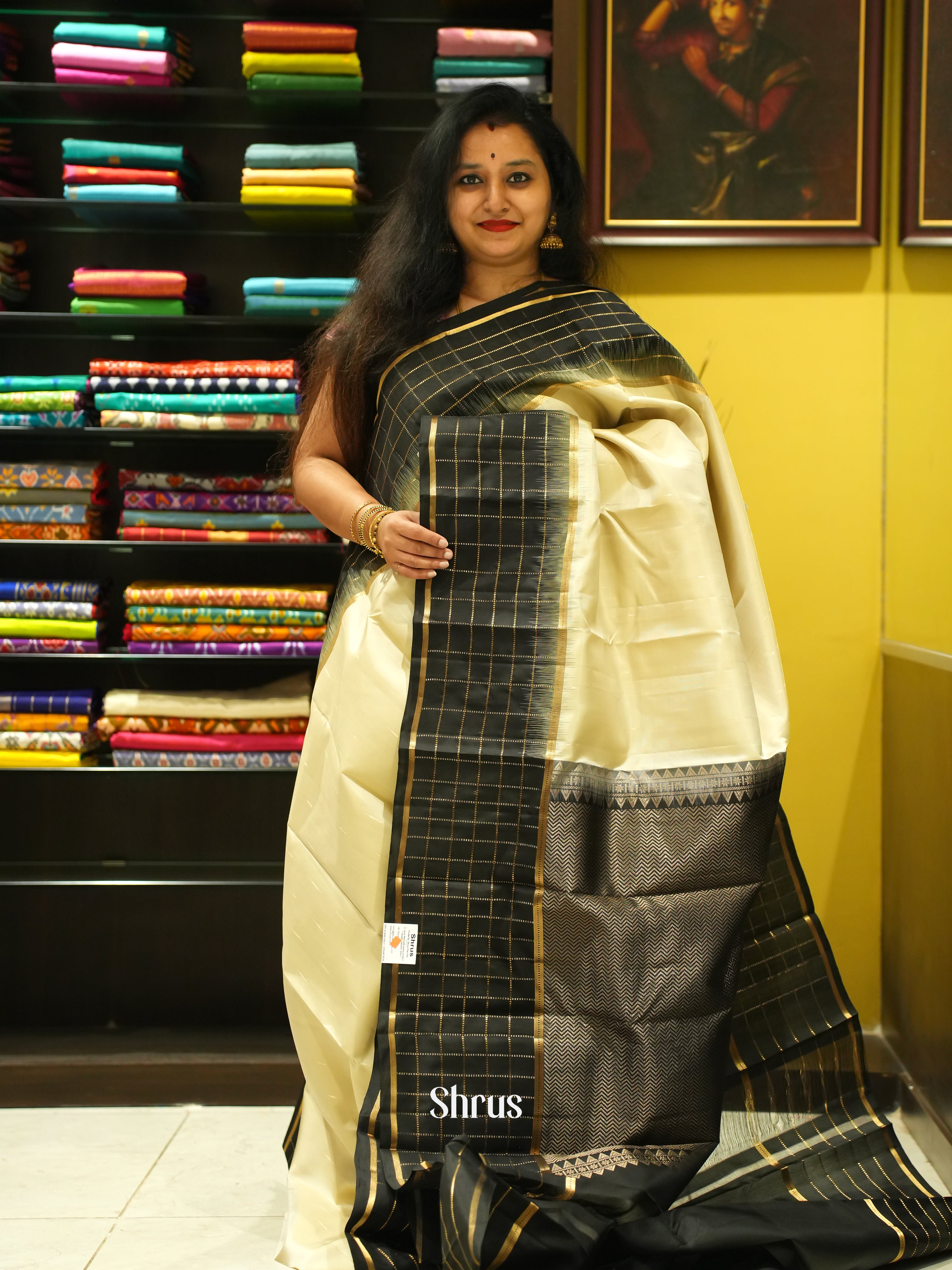 Cream & Black - Soft Silk Saree