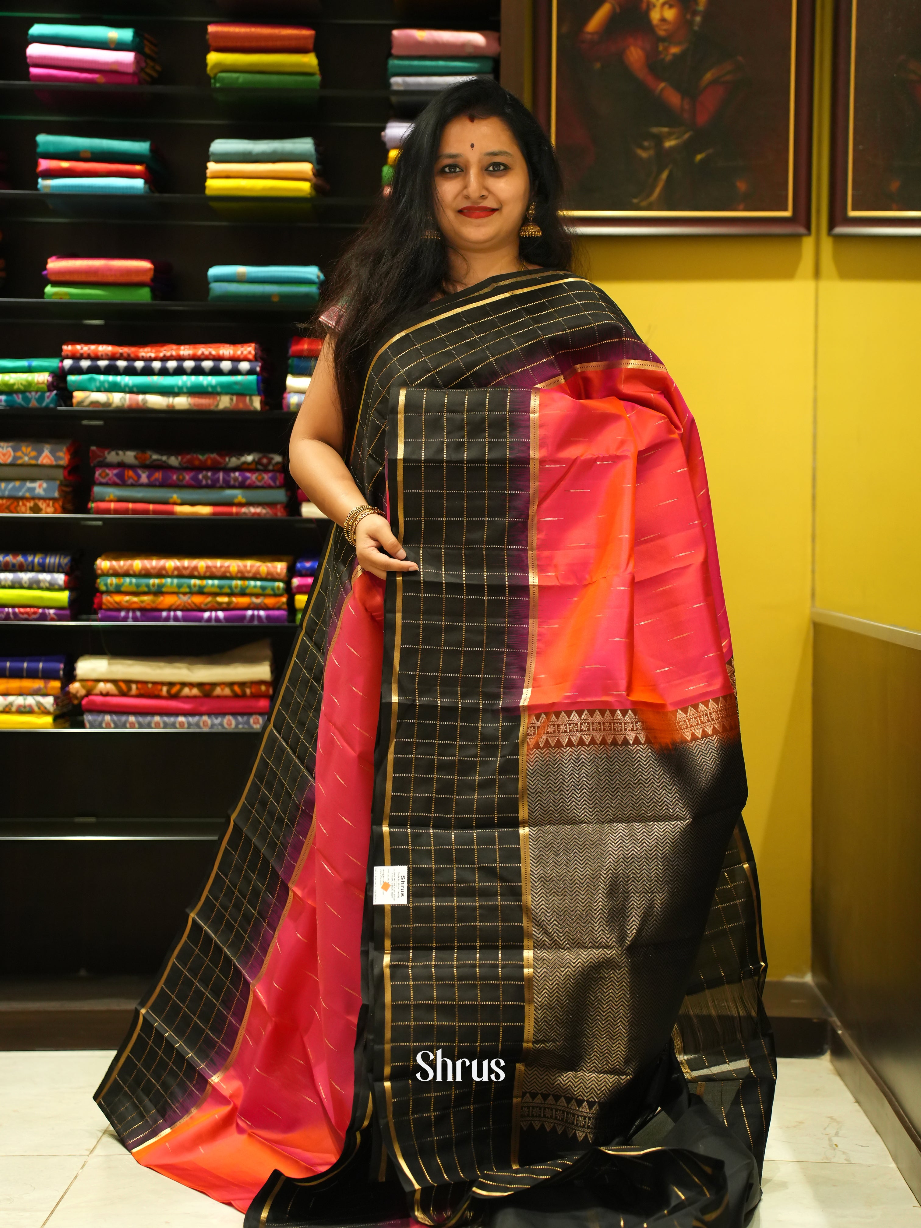 Orangish Pink & Black - Soft Silk Saree