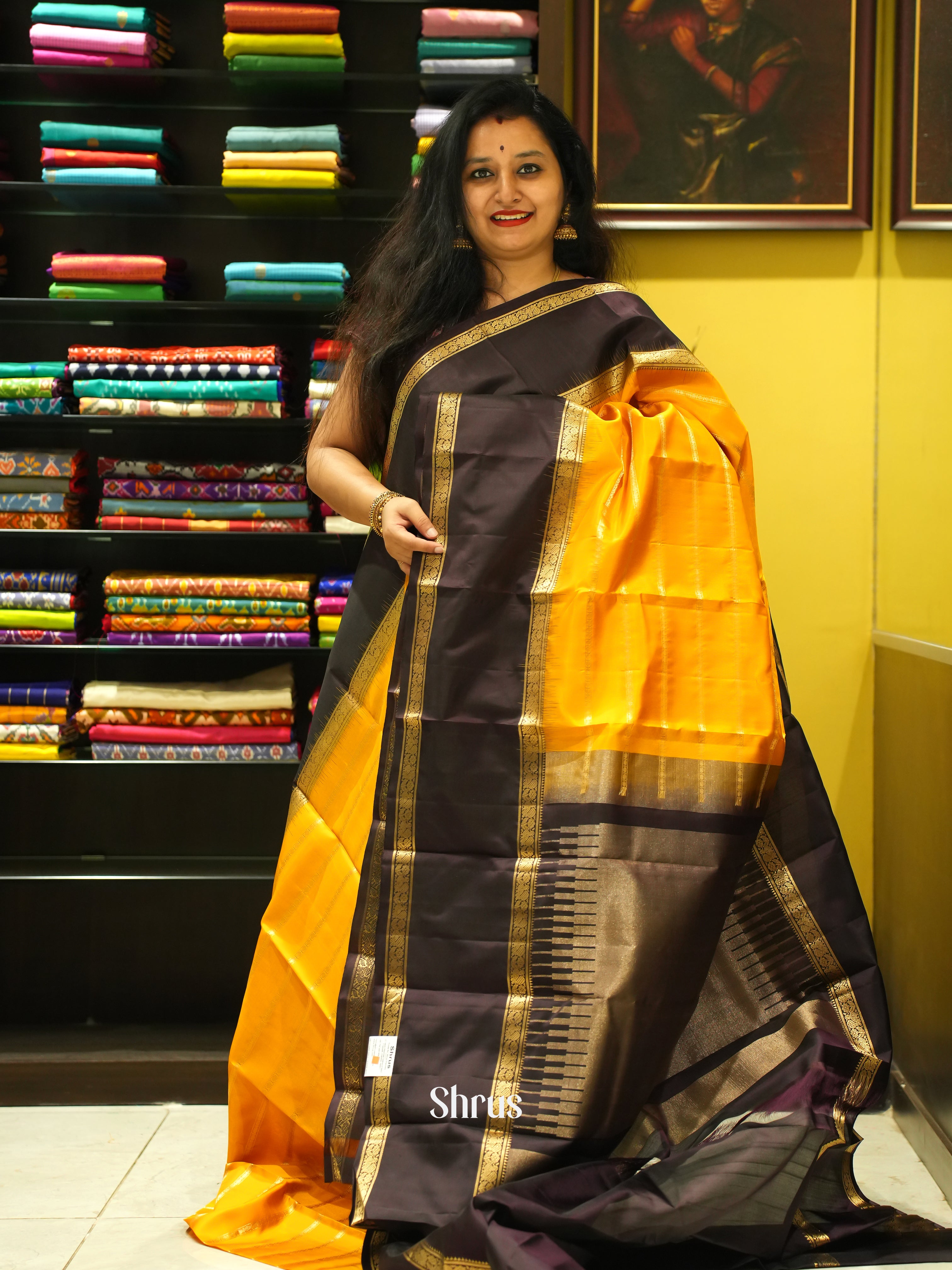 Yellow & Brown - Soft Silk Saree