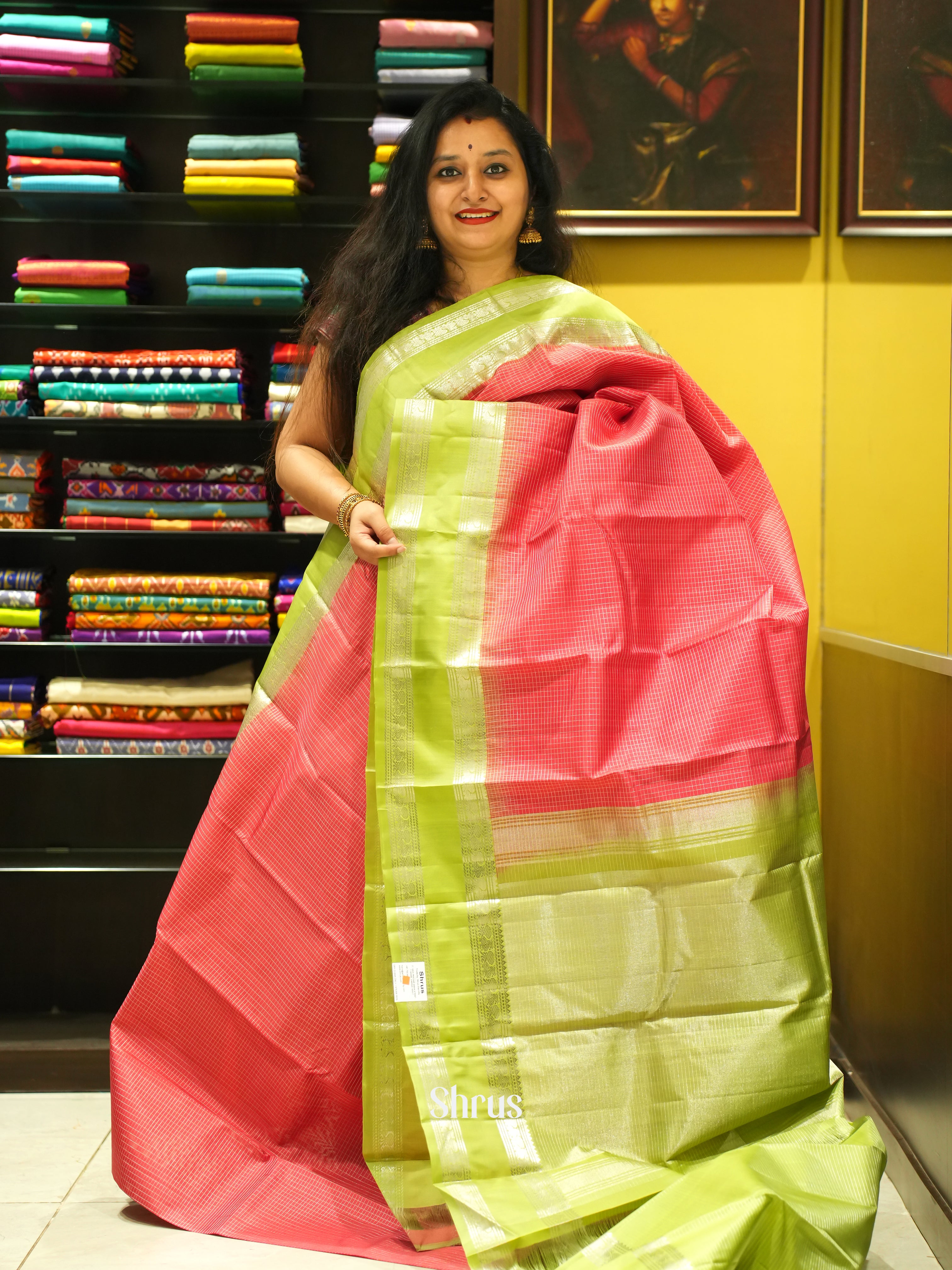 Reddish Pink & Green - Soft Silk Saree