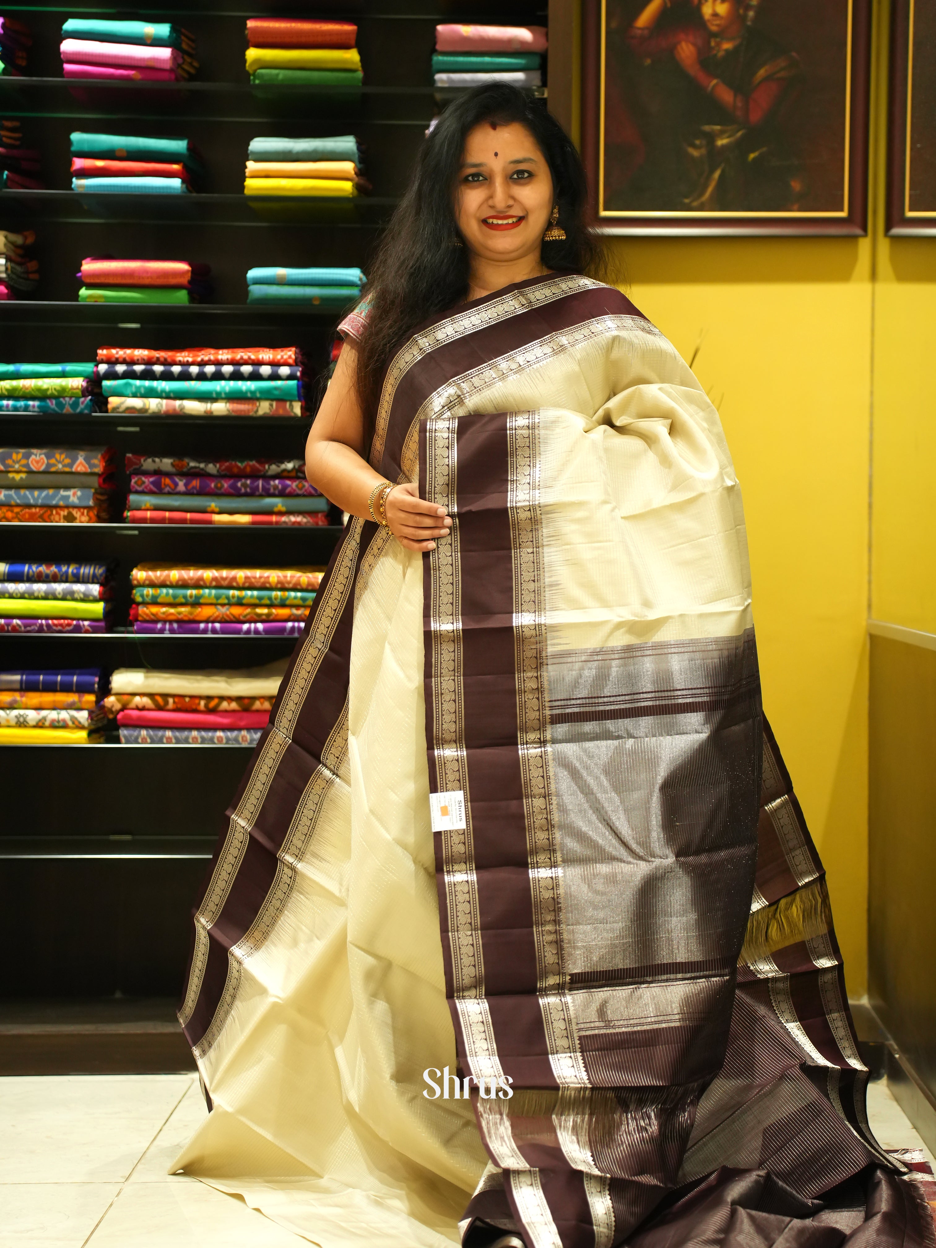 Cream & Brown - Soft Silk Saree