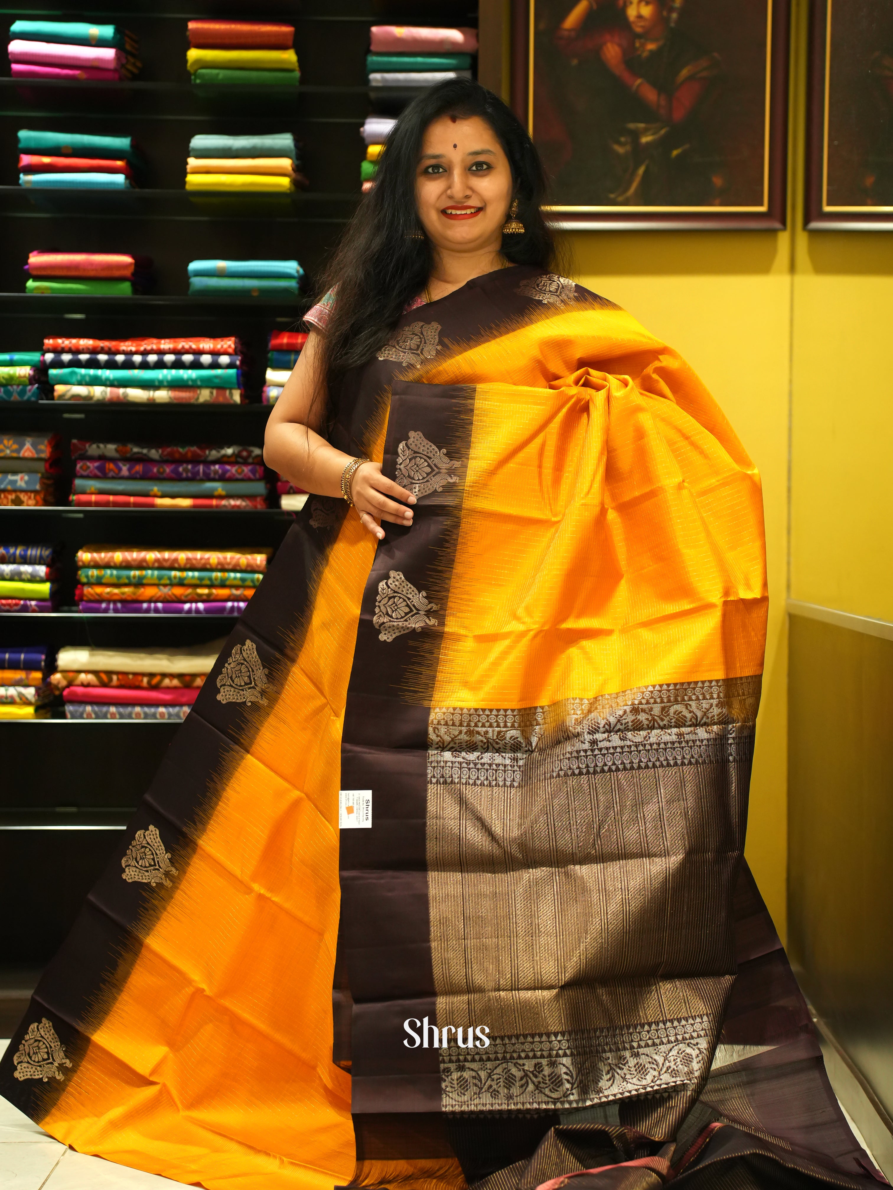 Mambazha Yellow & Brown - Soft Silk Saree