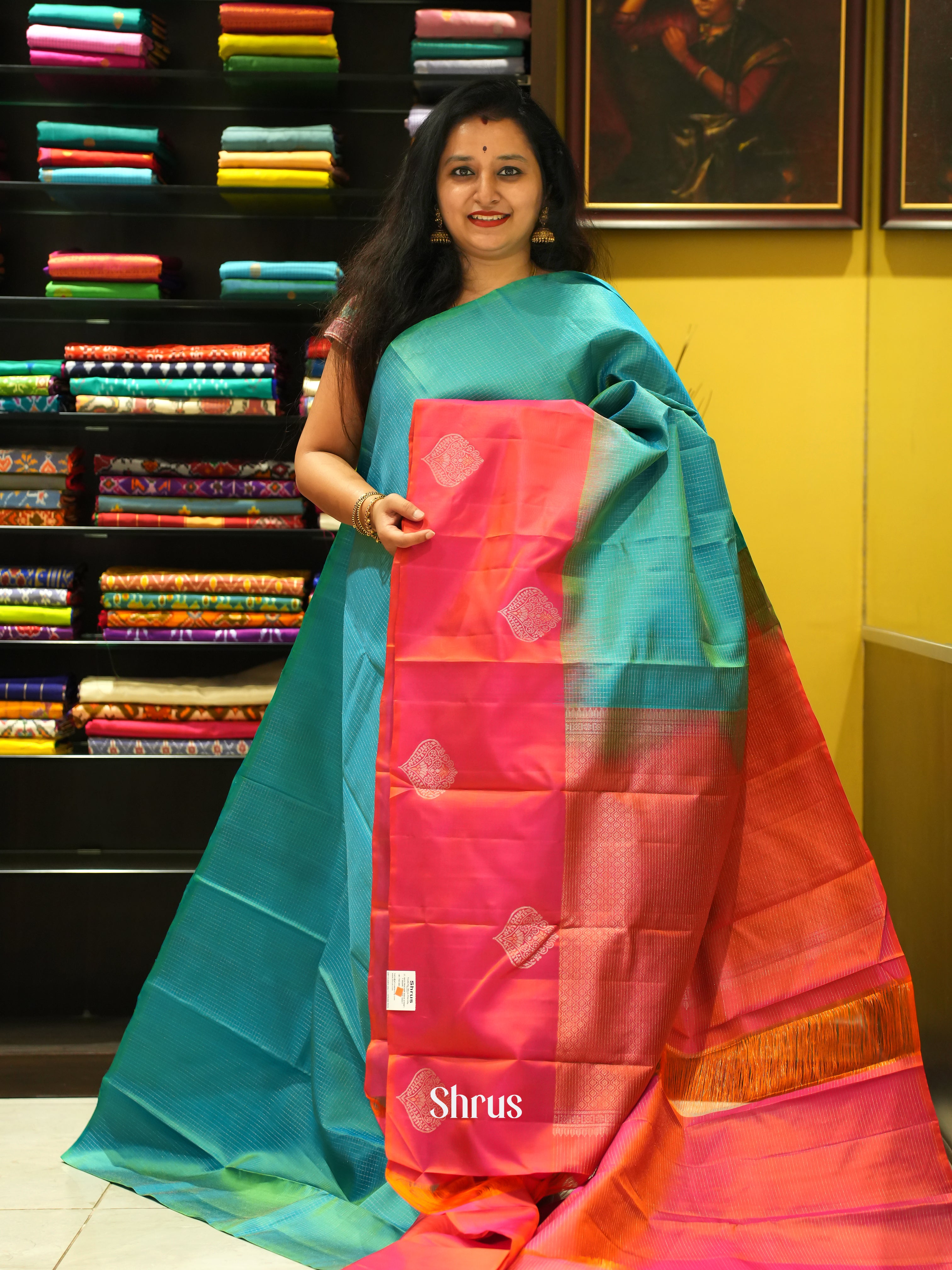 Green & Orangish Pink - Soft Silk Saree