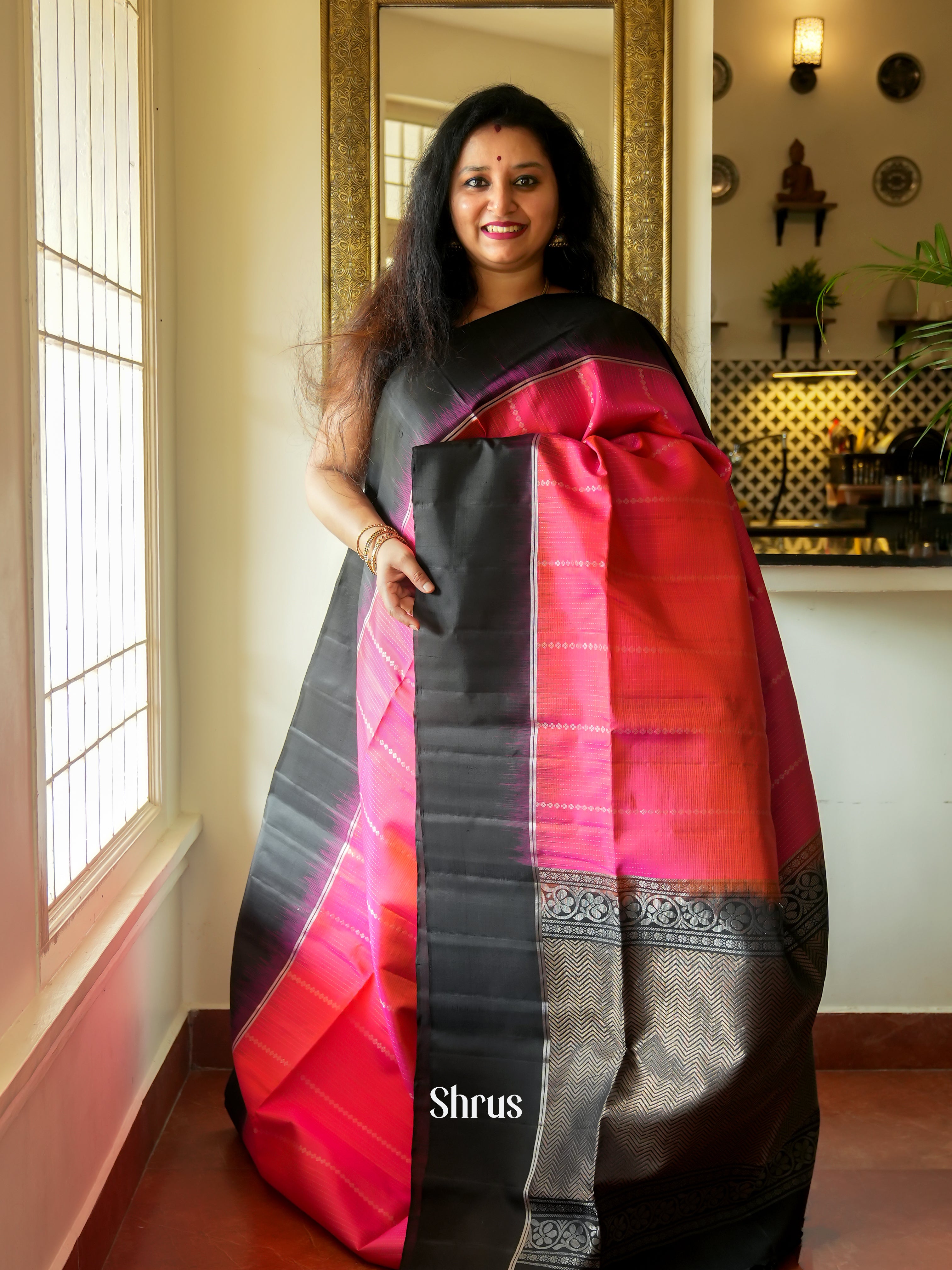 Pink & Black - Soft Silk Saree