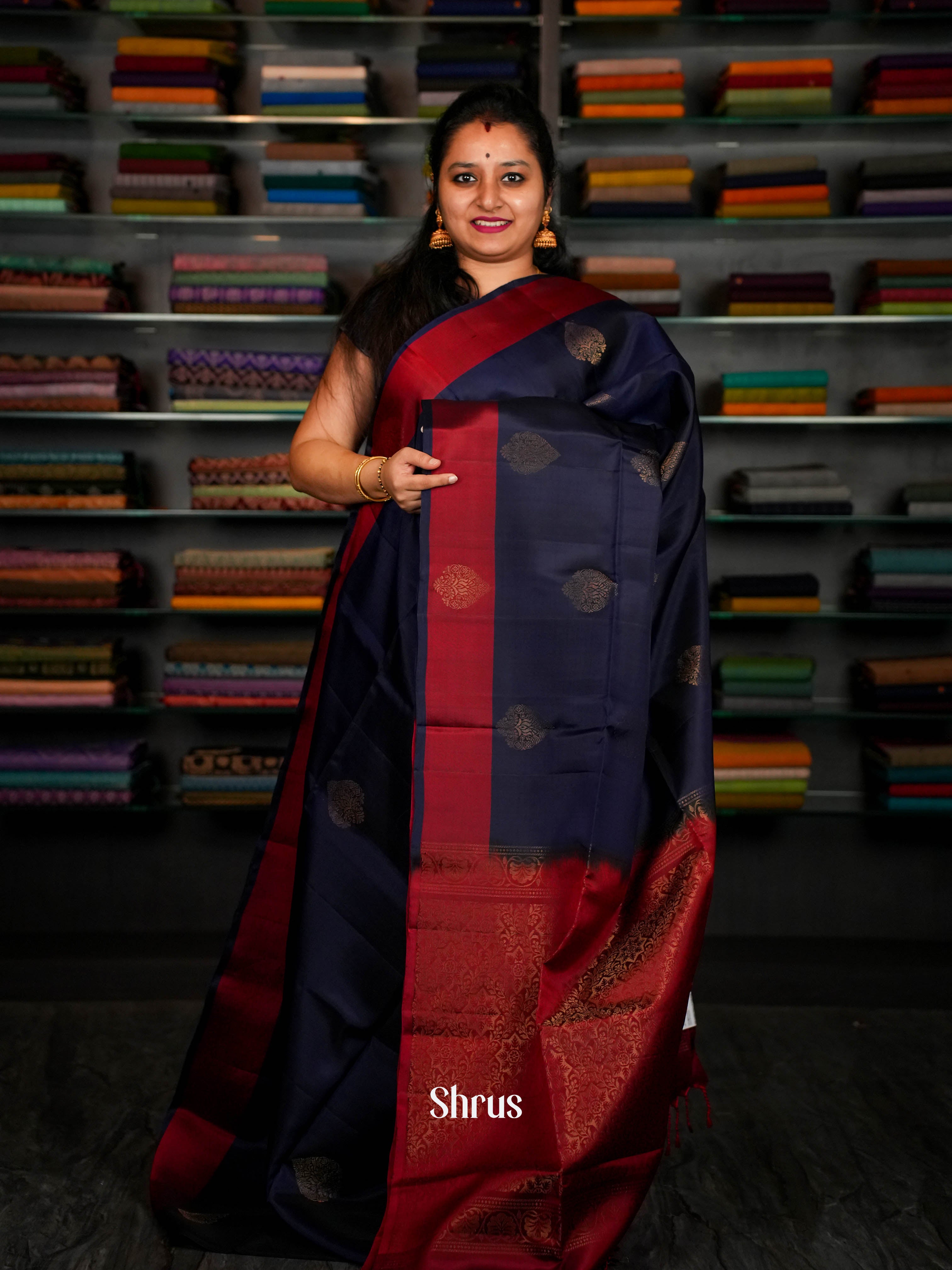 Dark Red & Blue  - Softsilk-halfpure Saree