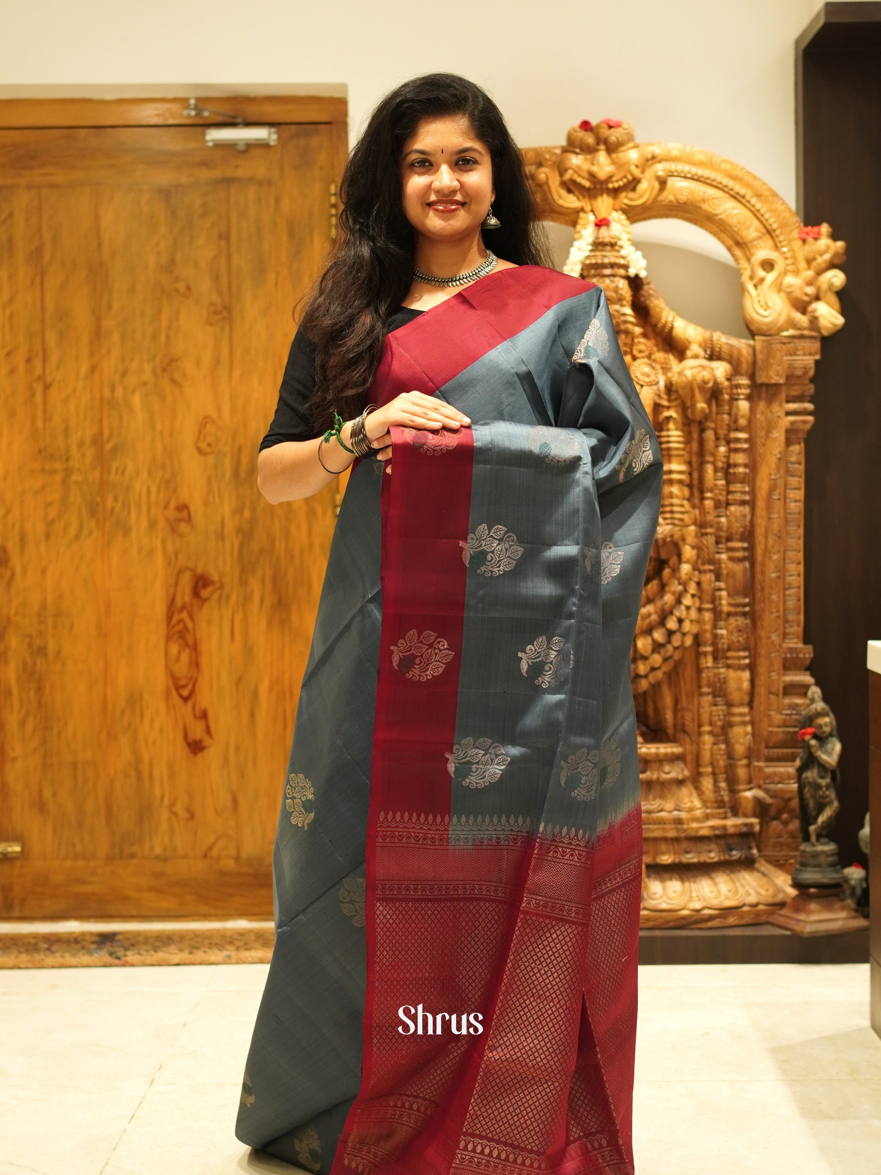 Grey & Maroon - Soft silk-halfpure Saree