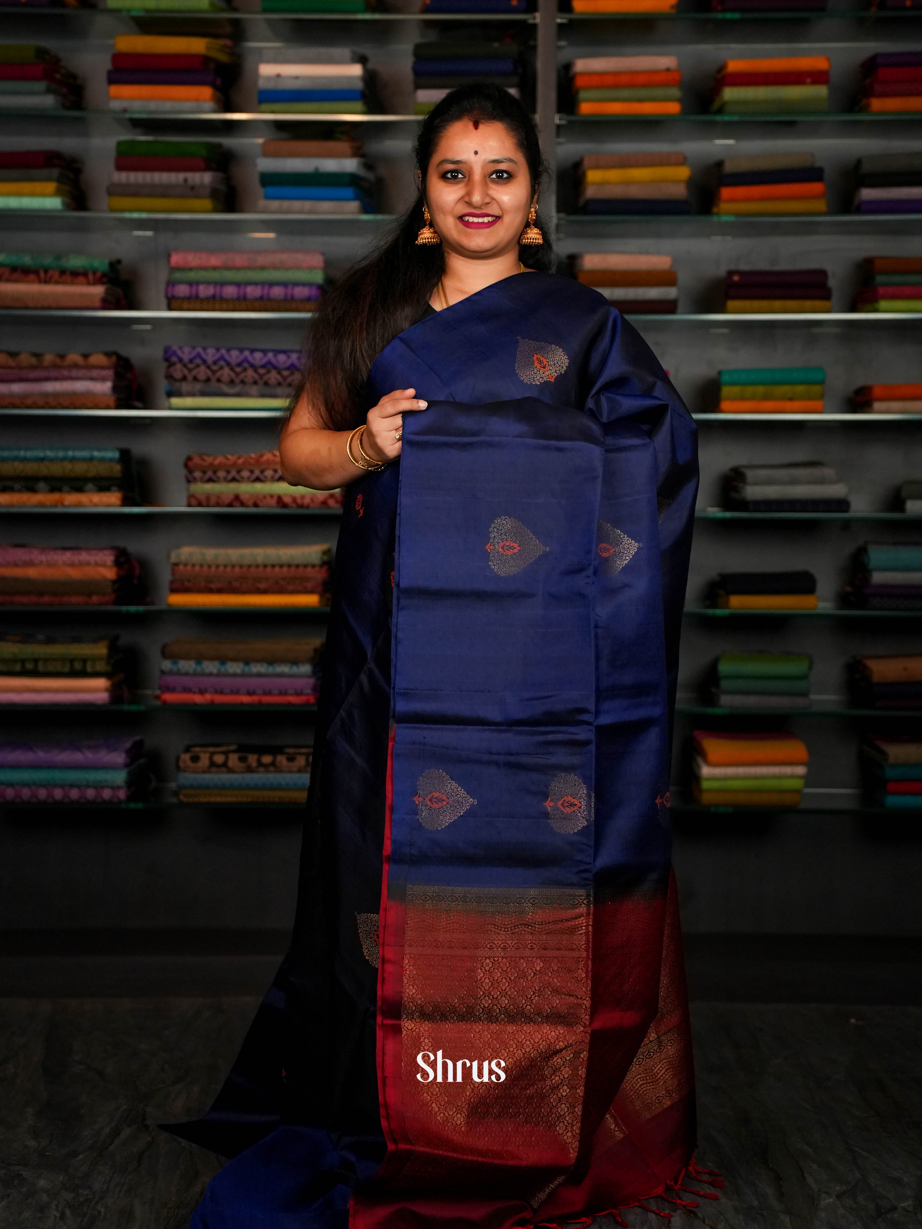 Dark Indigo & Dark Maroon  - Softsilk-halfpure Saree