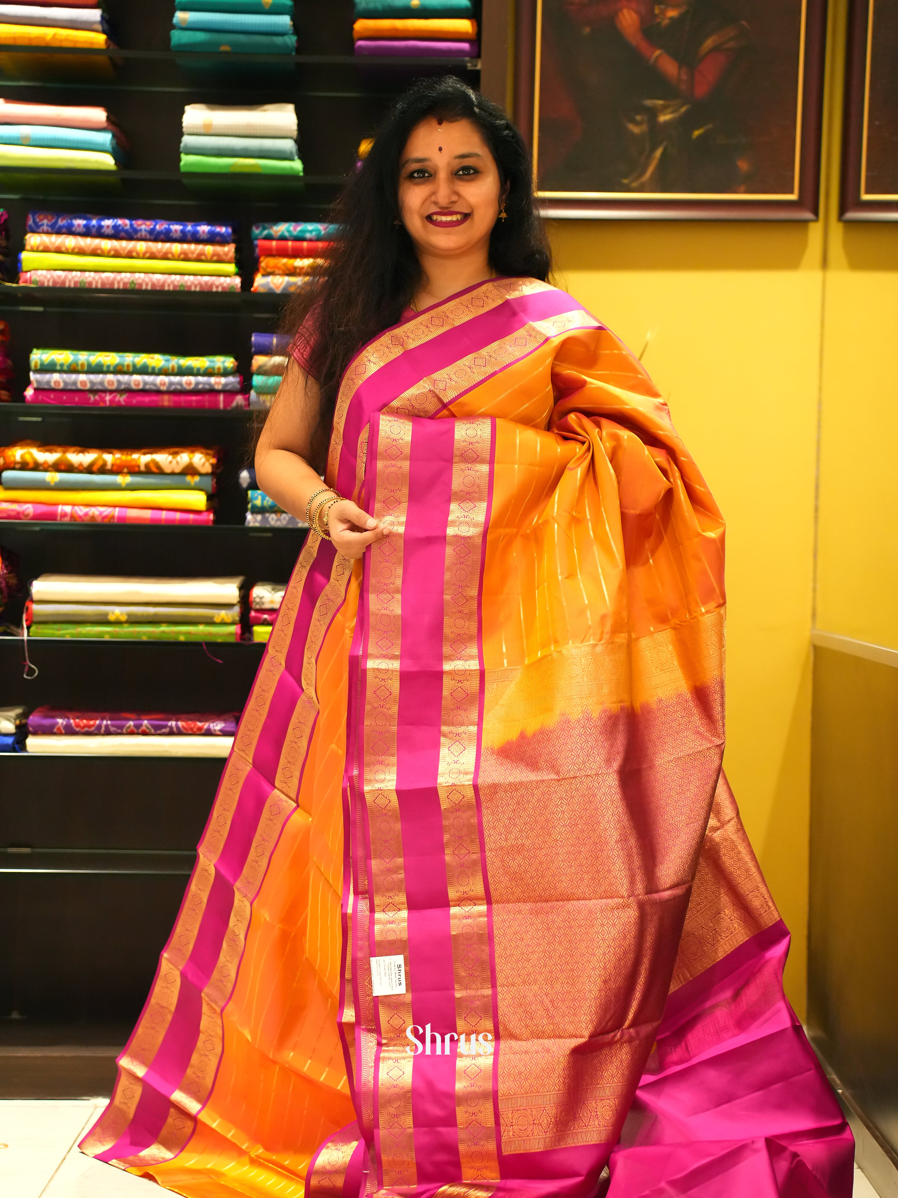 Orange & Pink- Kanchipuram silk Saree - Shop on ShrusEternity.com