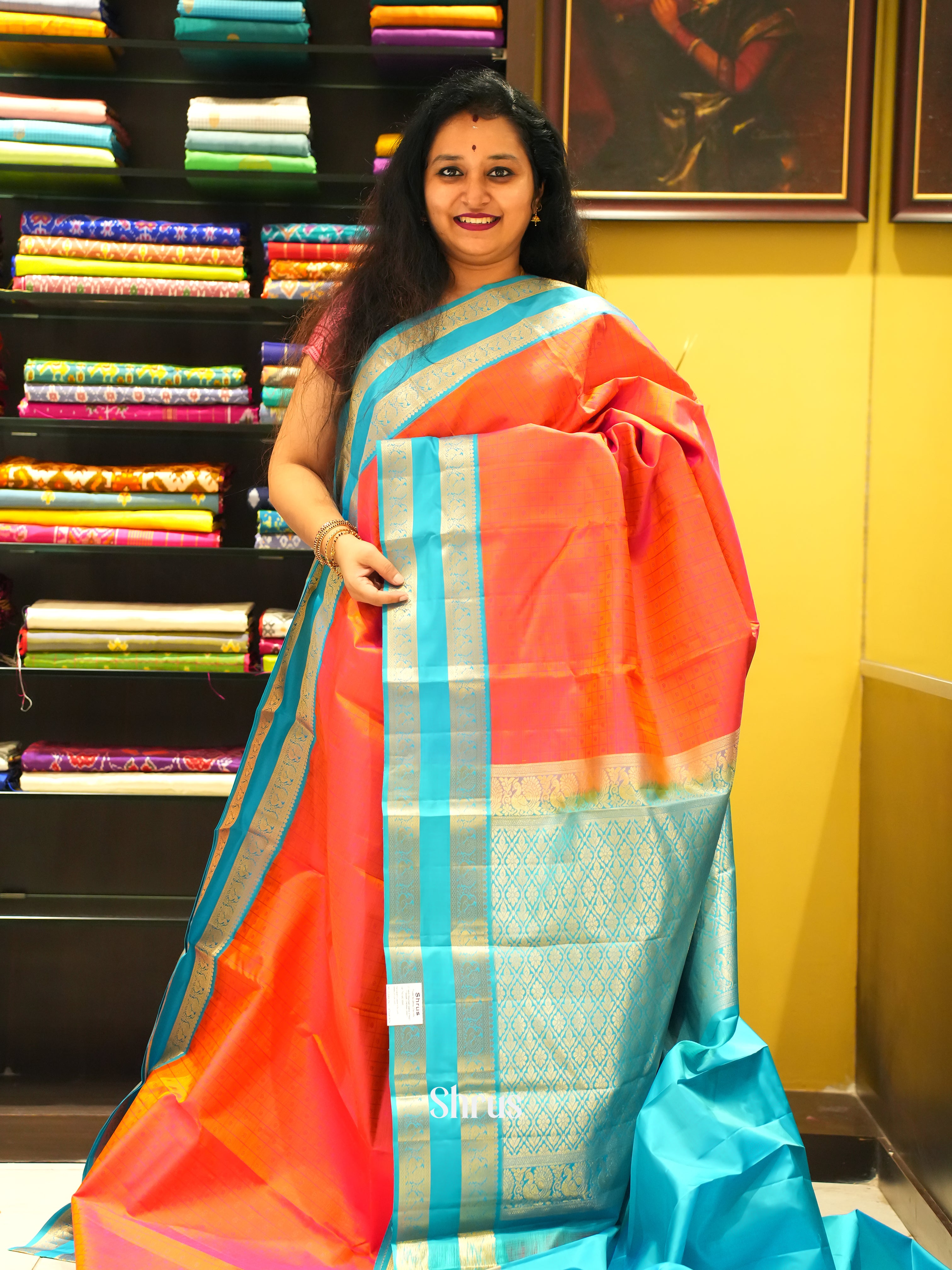 Orange & Blue - Kanchipuram Silk Saree - Shop on ShrusEternity.com