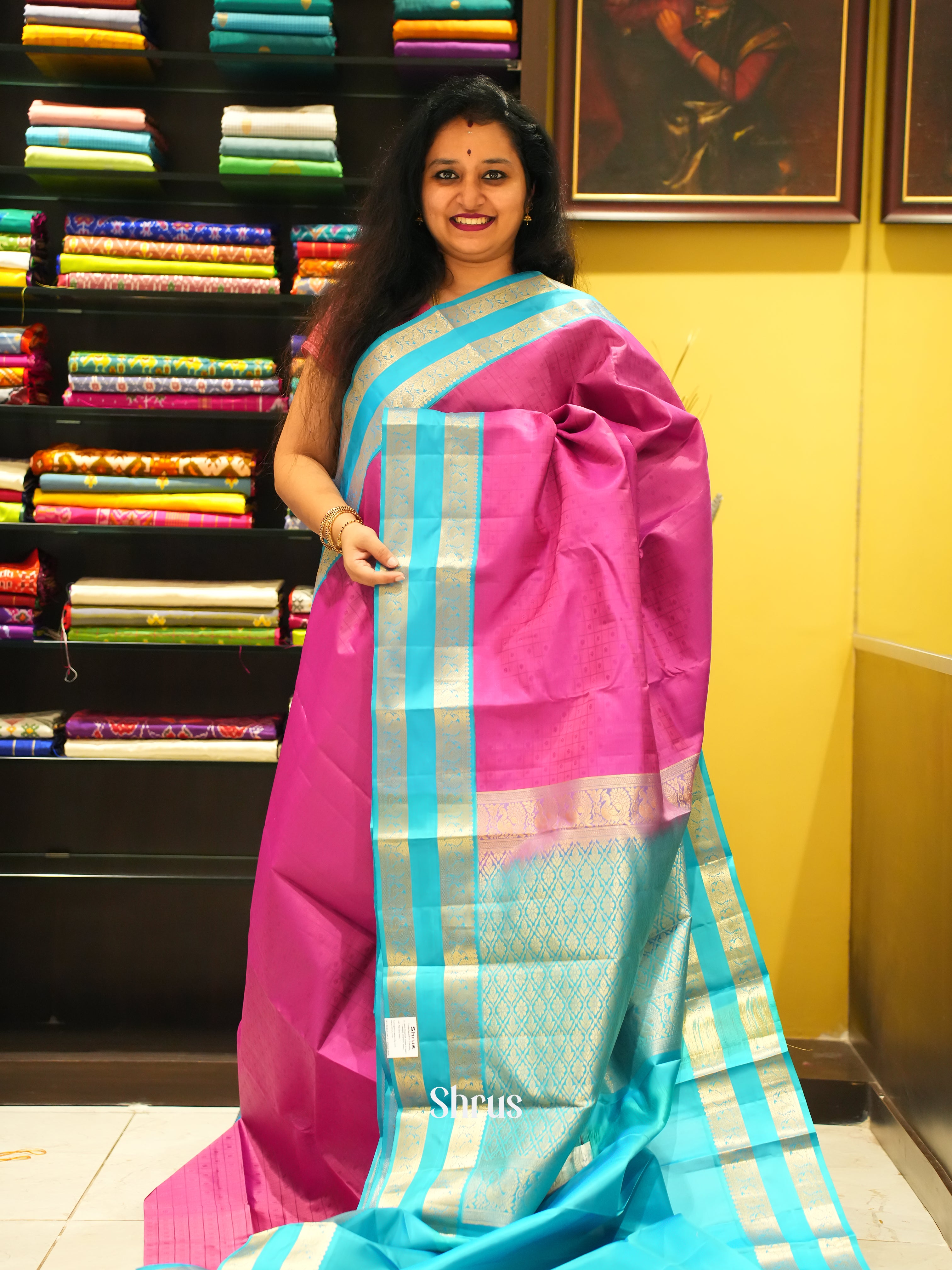 Pink & Blue - Kanchipuram silk Saree - Shop on ShrusEternity.com