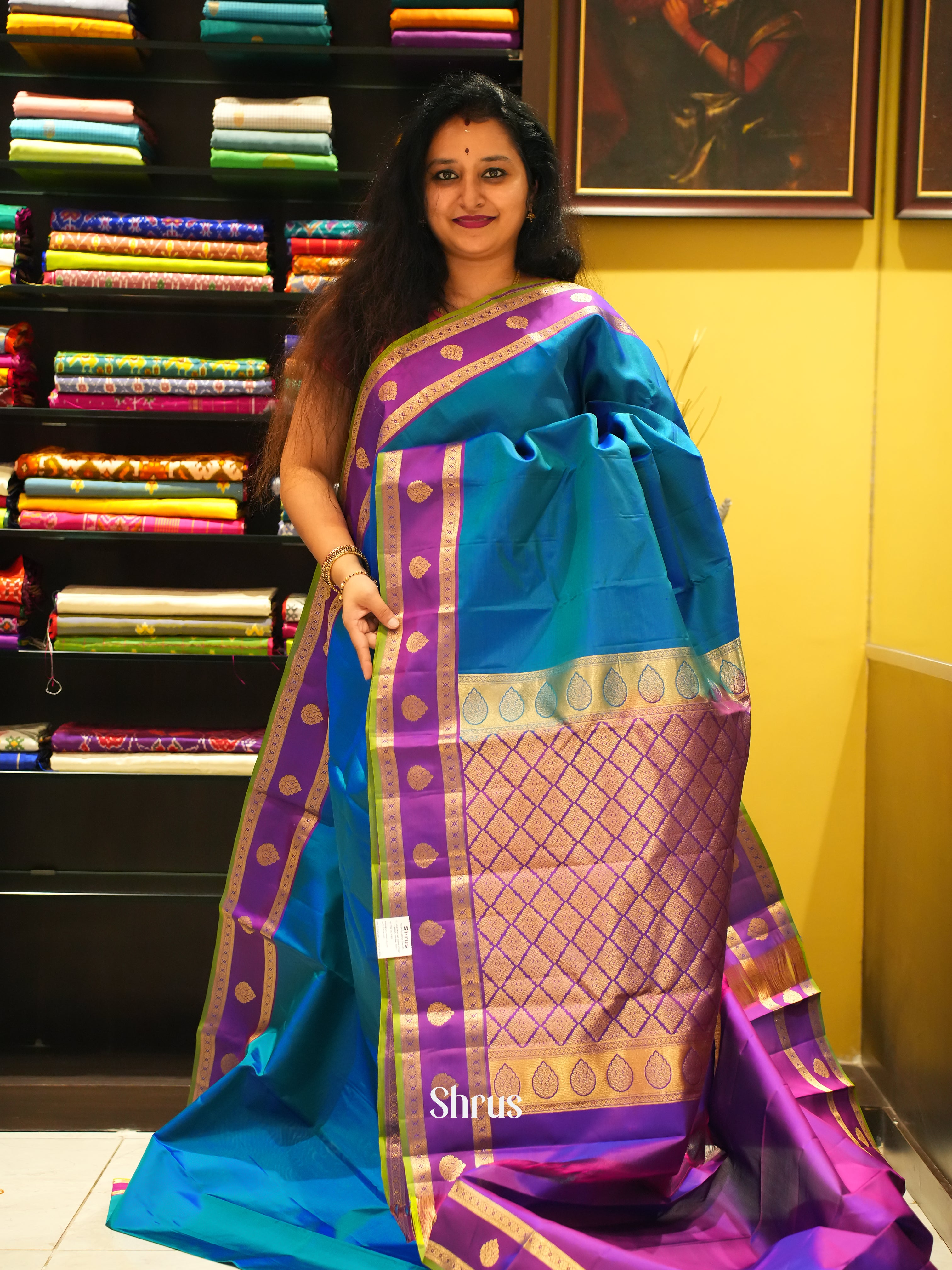 Blue & Purple  - Kanchipuram silk Saree - Shop on ShrusEternity.com