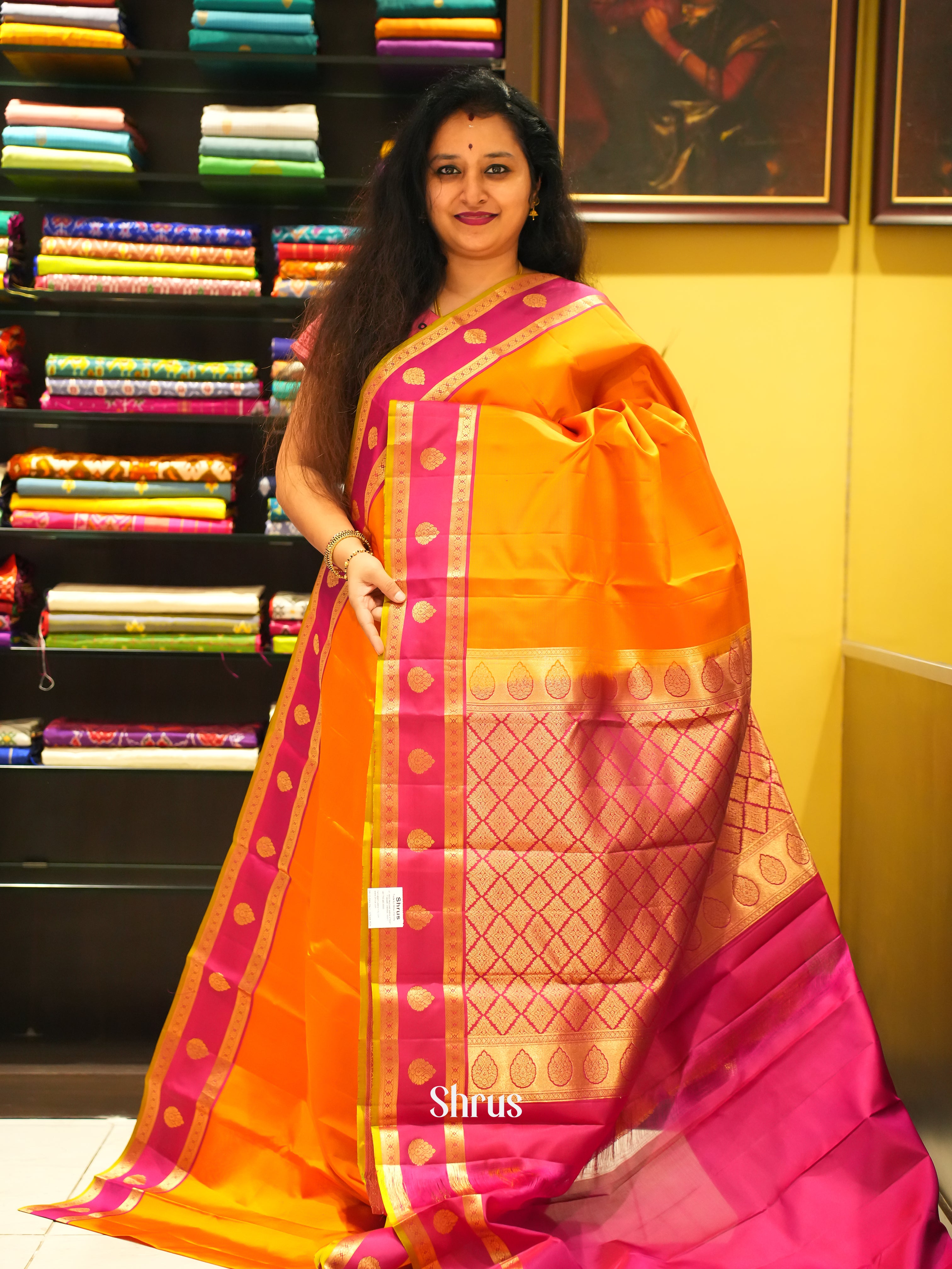 Orange & Pink - Kanchipuram silk Saree - Shop on ShrusEternity.com