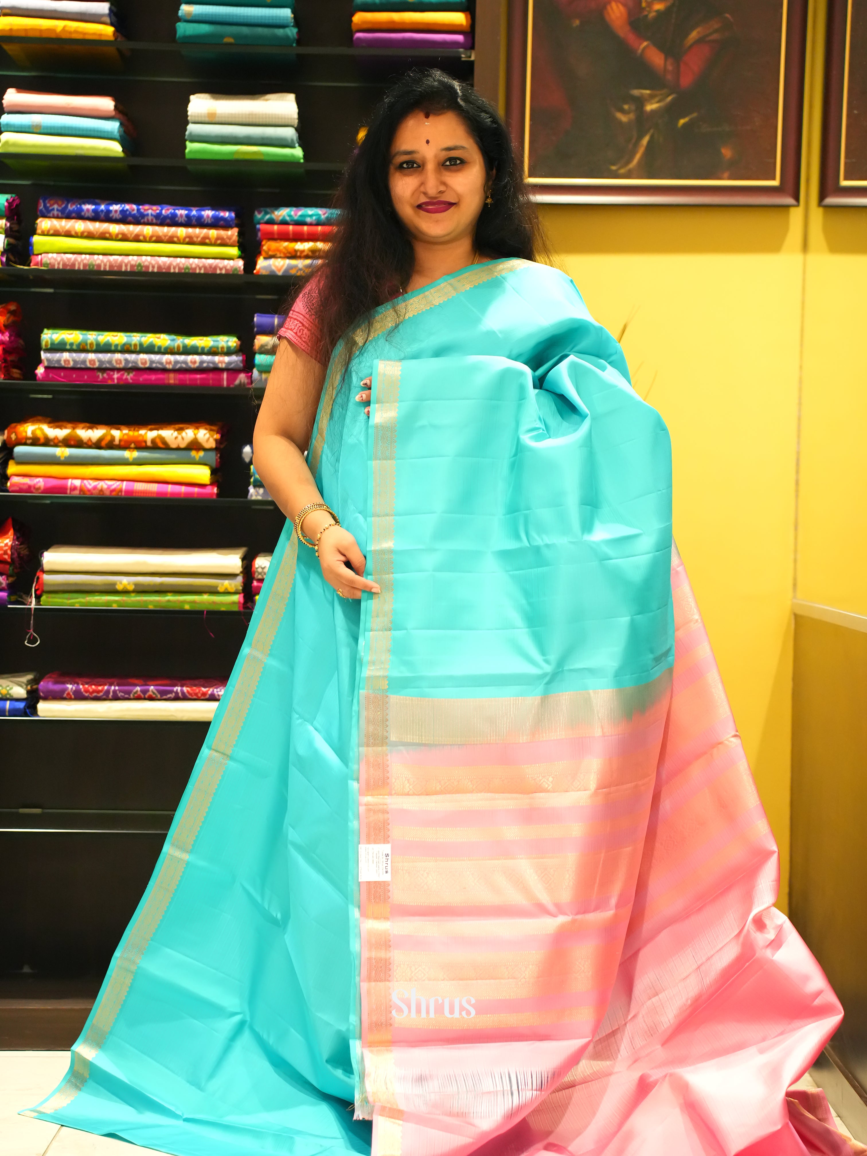 Teal Blue& Pink - Kanchipuram silk Saree - Shop on ShrusEternity.com