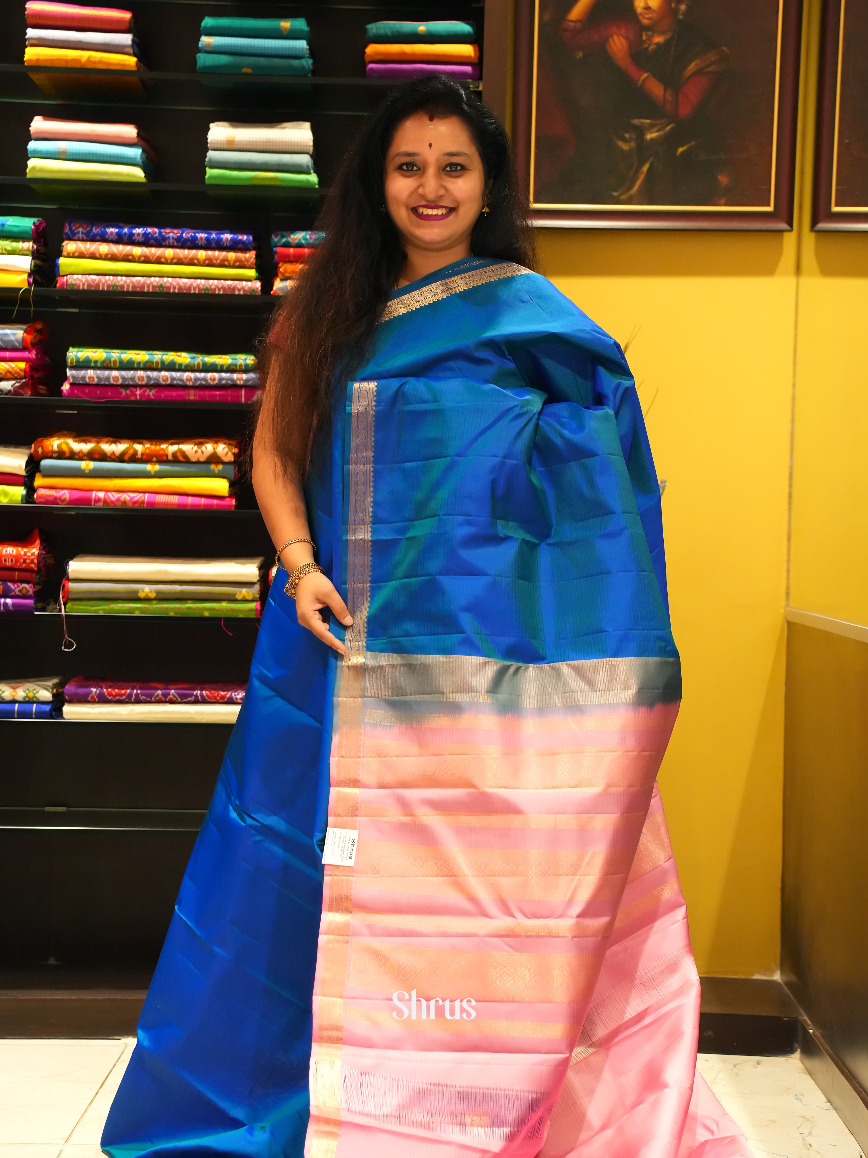 Blue & Pink - Kanchipuram silk Saree - Shop on ShrusEternity.com