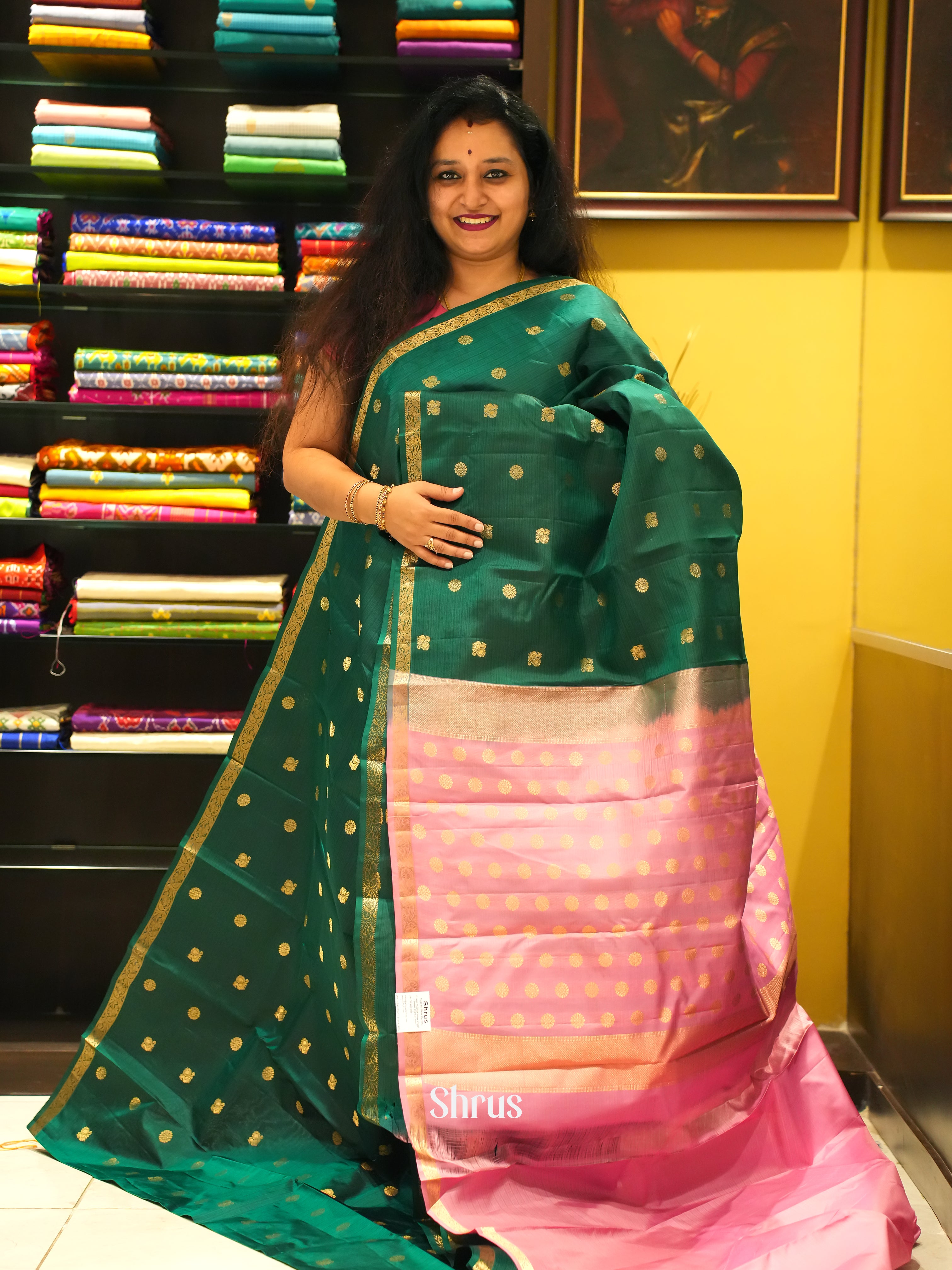 Green & Pink - Kanchipuram silk Saree - Shop on ShrusEternity.com