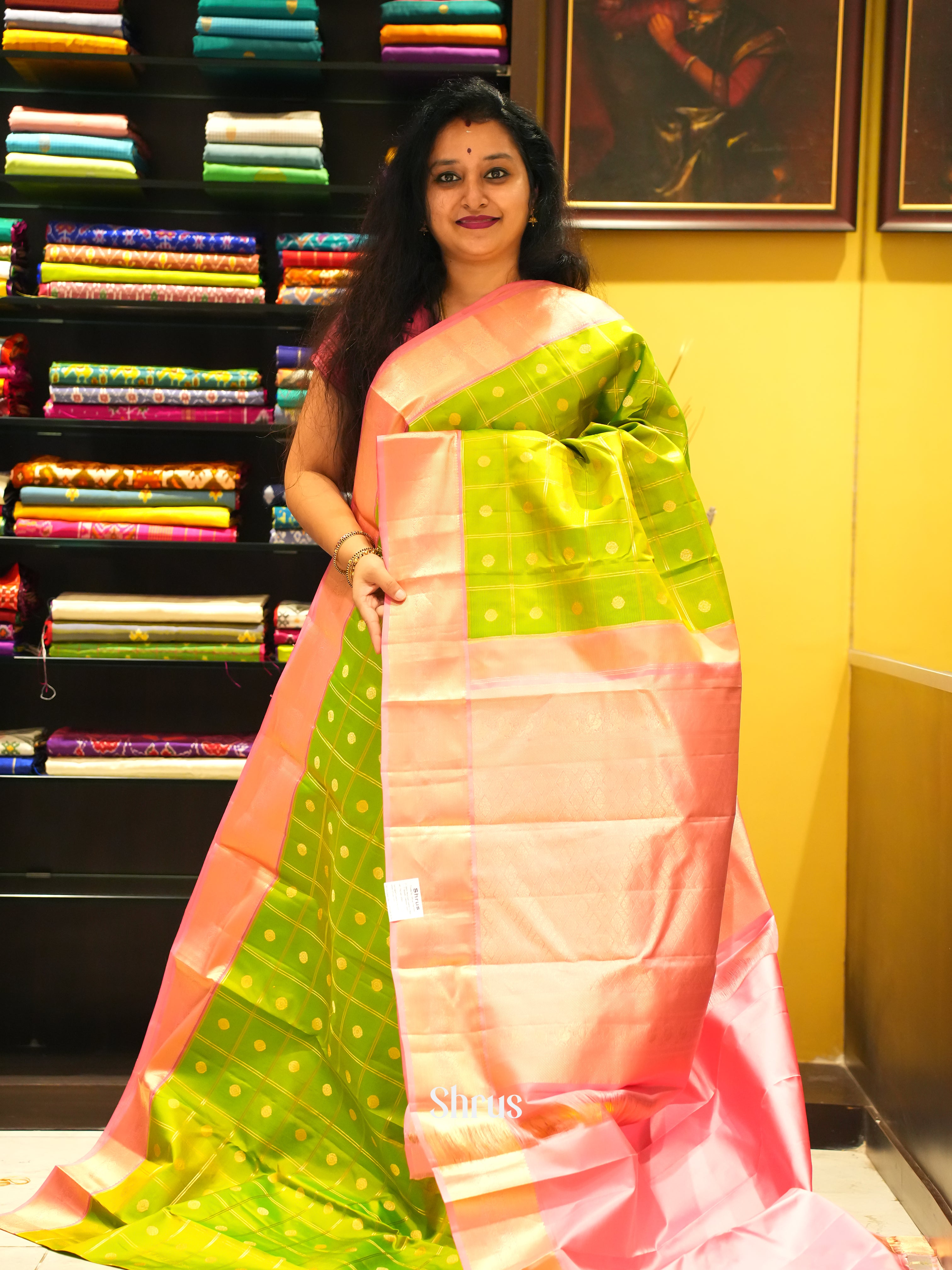 Light Green & Pink- Kanchipuram silk Saree - Shop on ShrusEternity.com