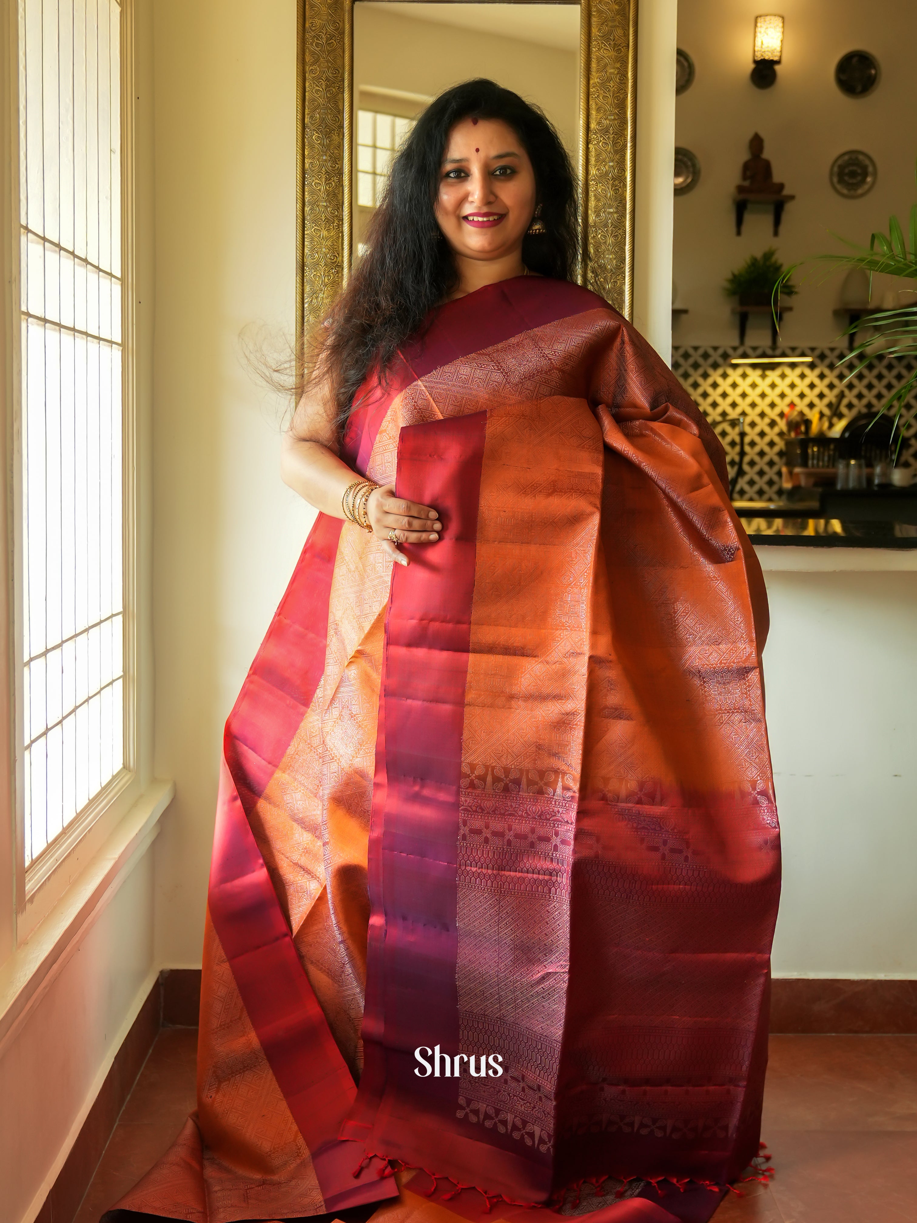 Orange & Maroon - Soft Silk Saree