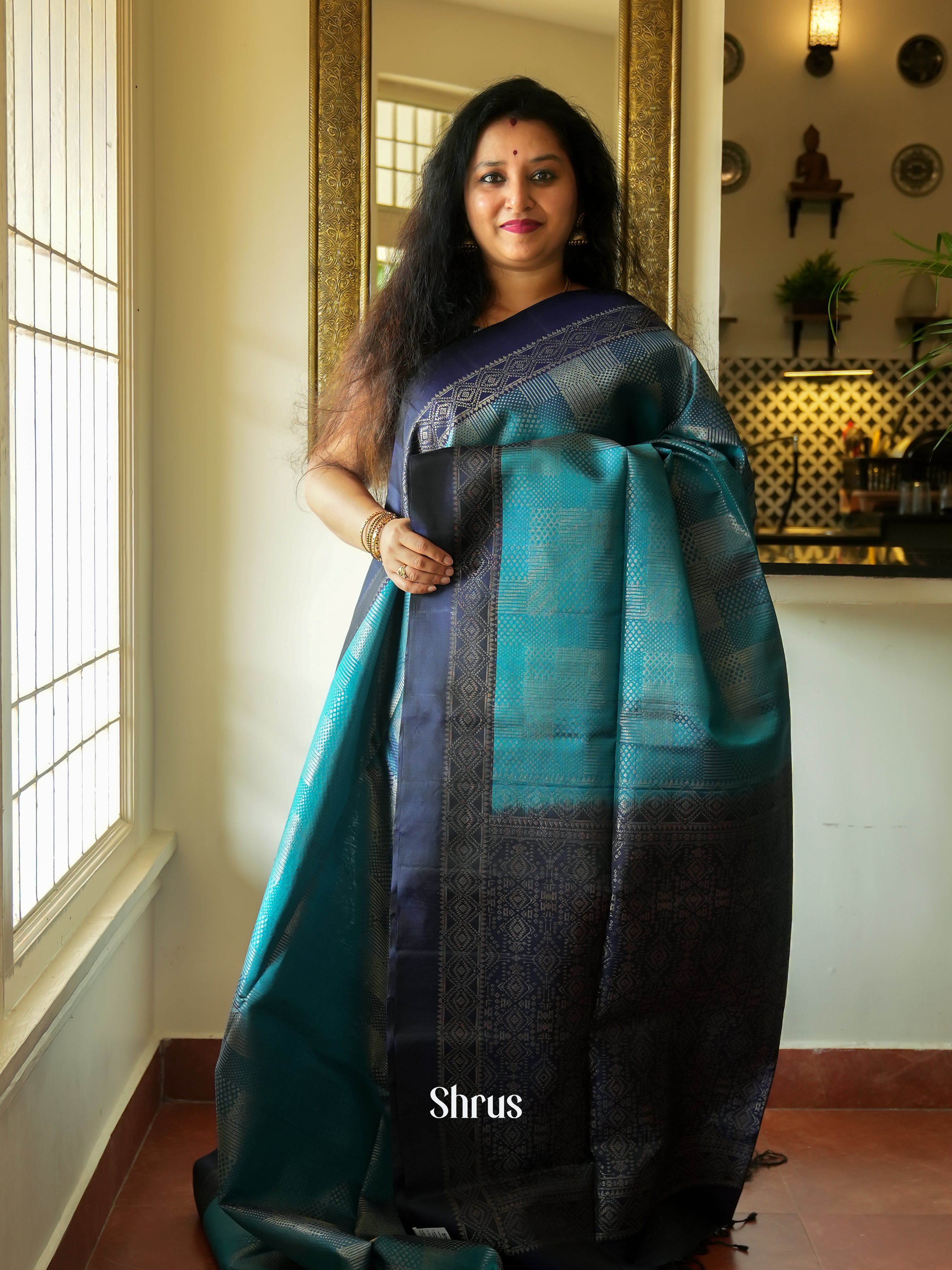 Teal Blue & Blue - Soft Silk Saree