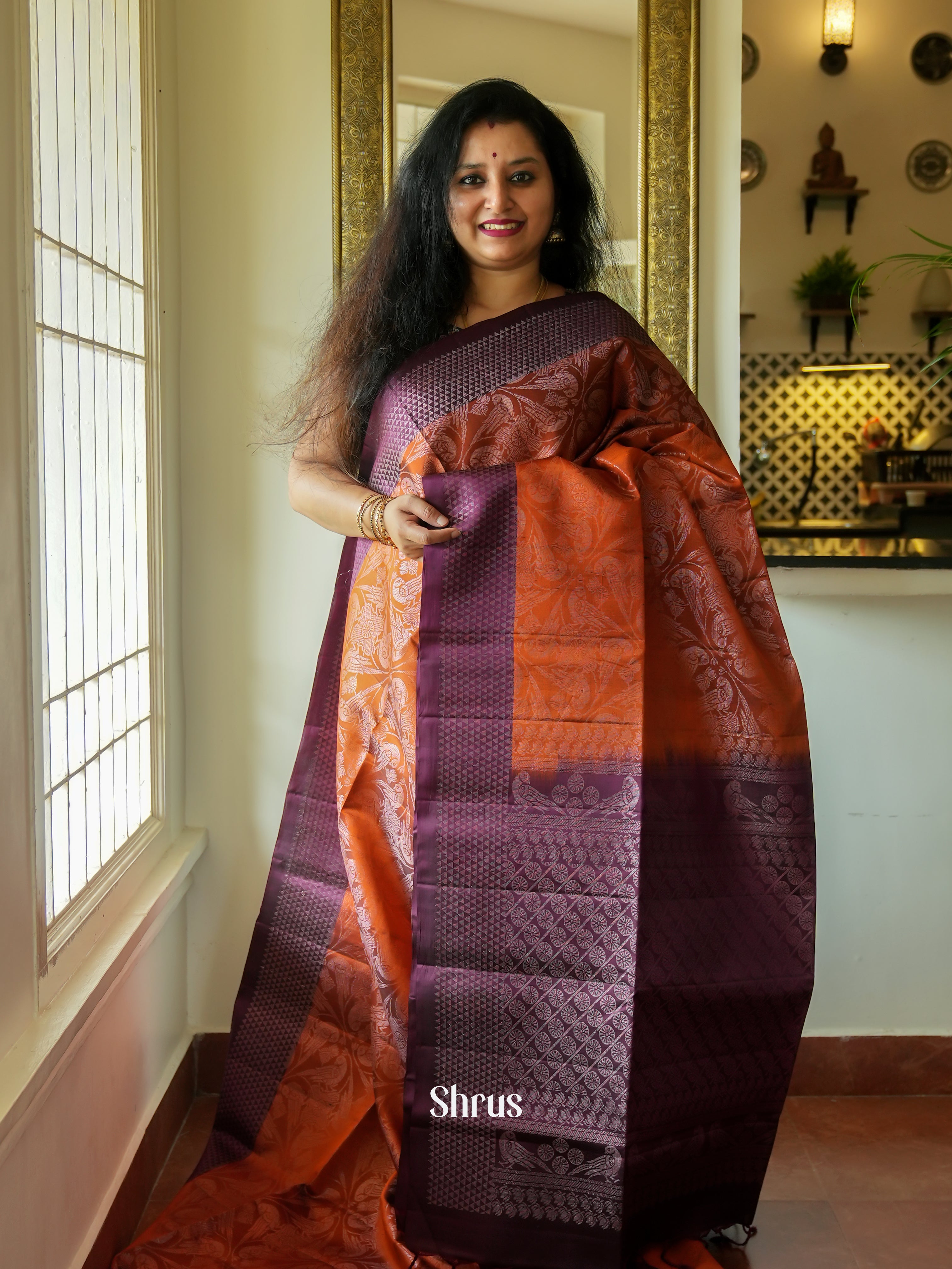 Brick Red & Purple - Soft Silk Saree