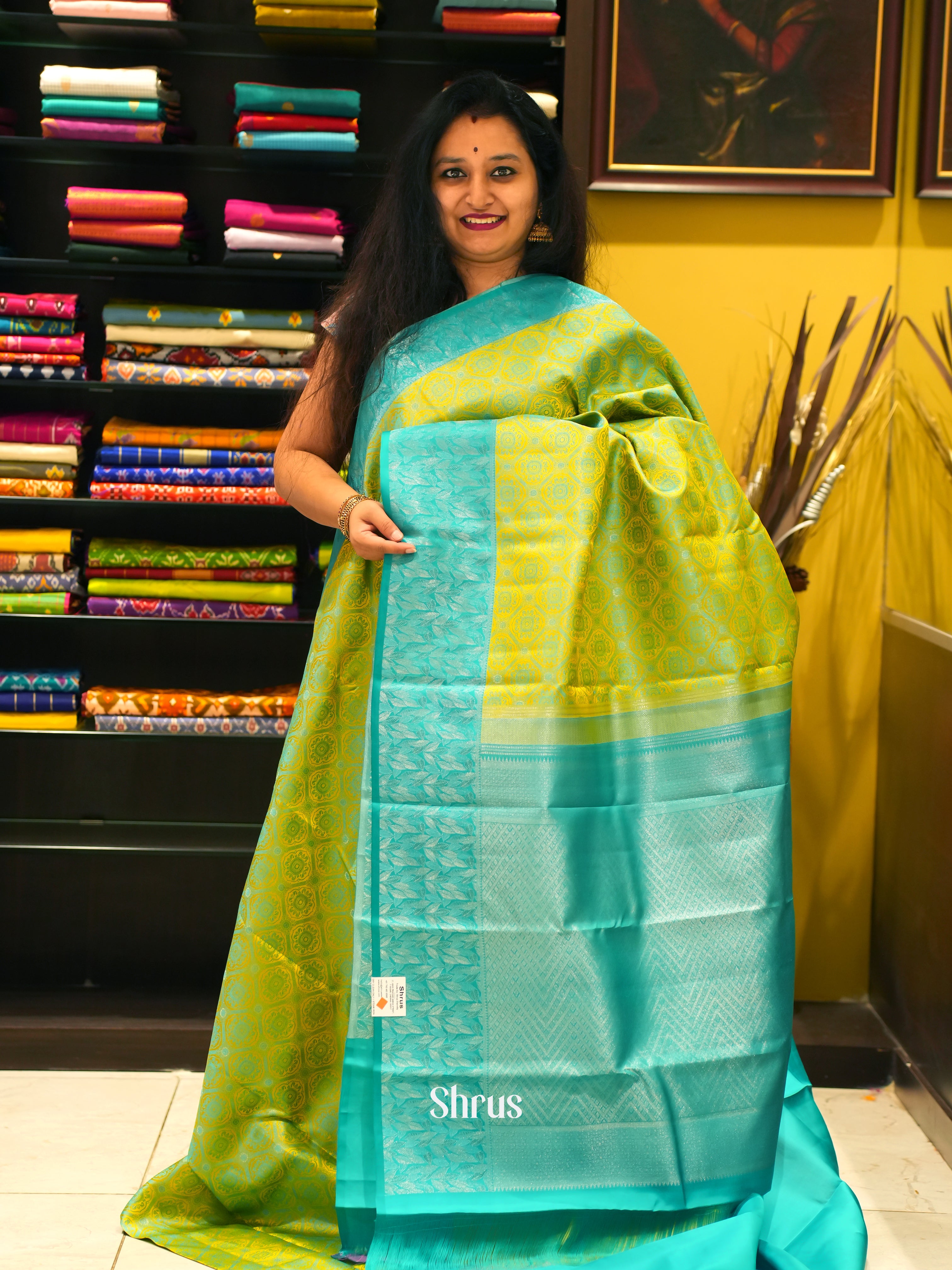 Yellow & Teal - Kanchipuram silk Saree