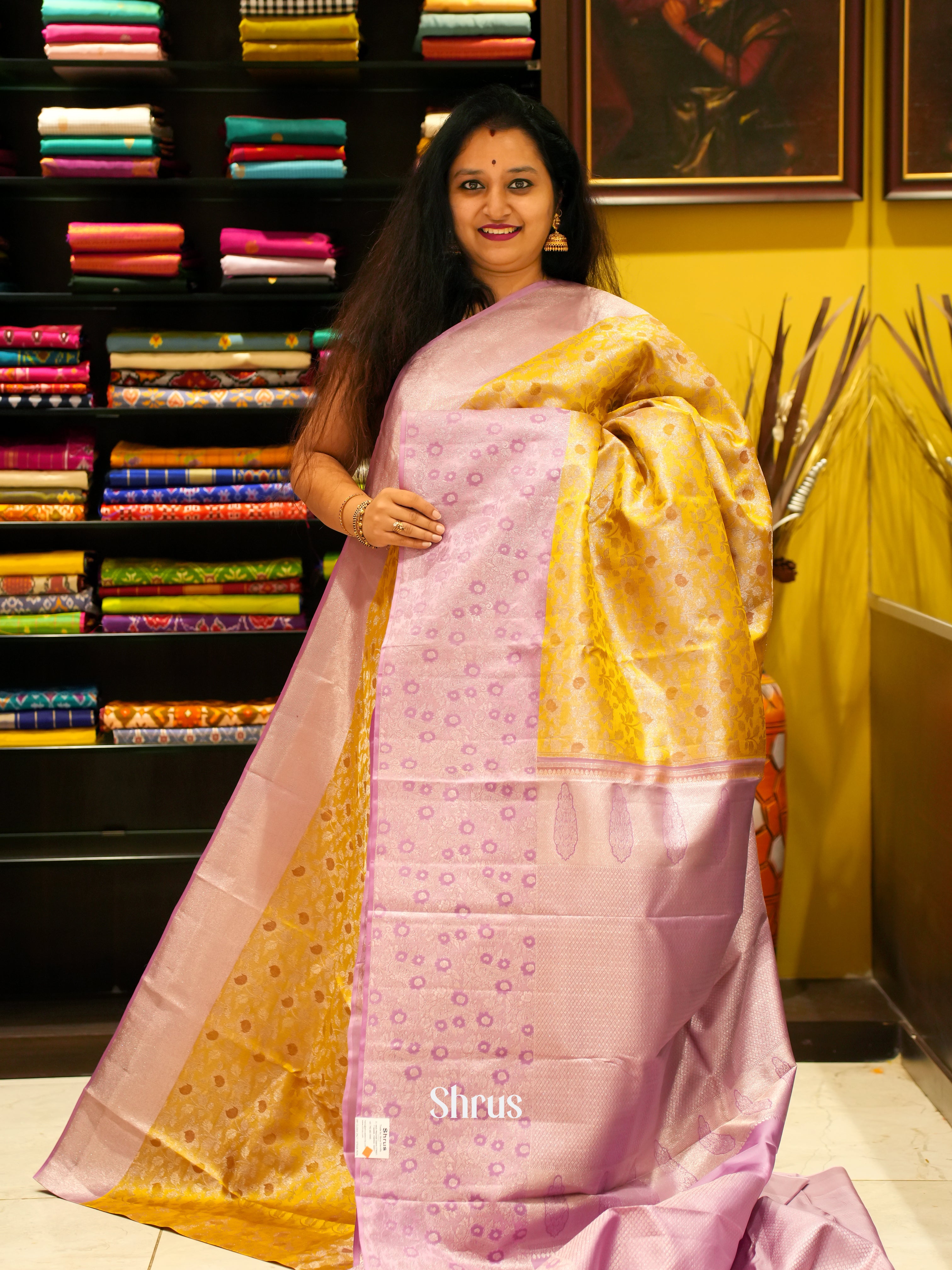 Yellow & Mild Lavender - Kanchipuram silk Saree