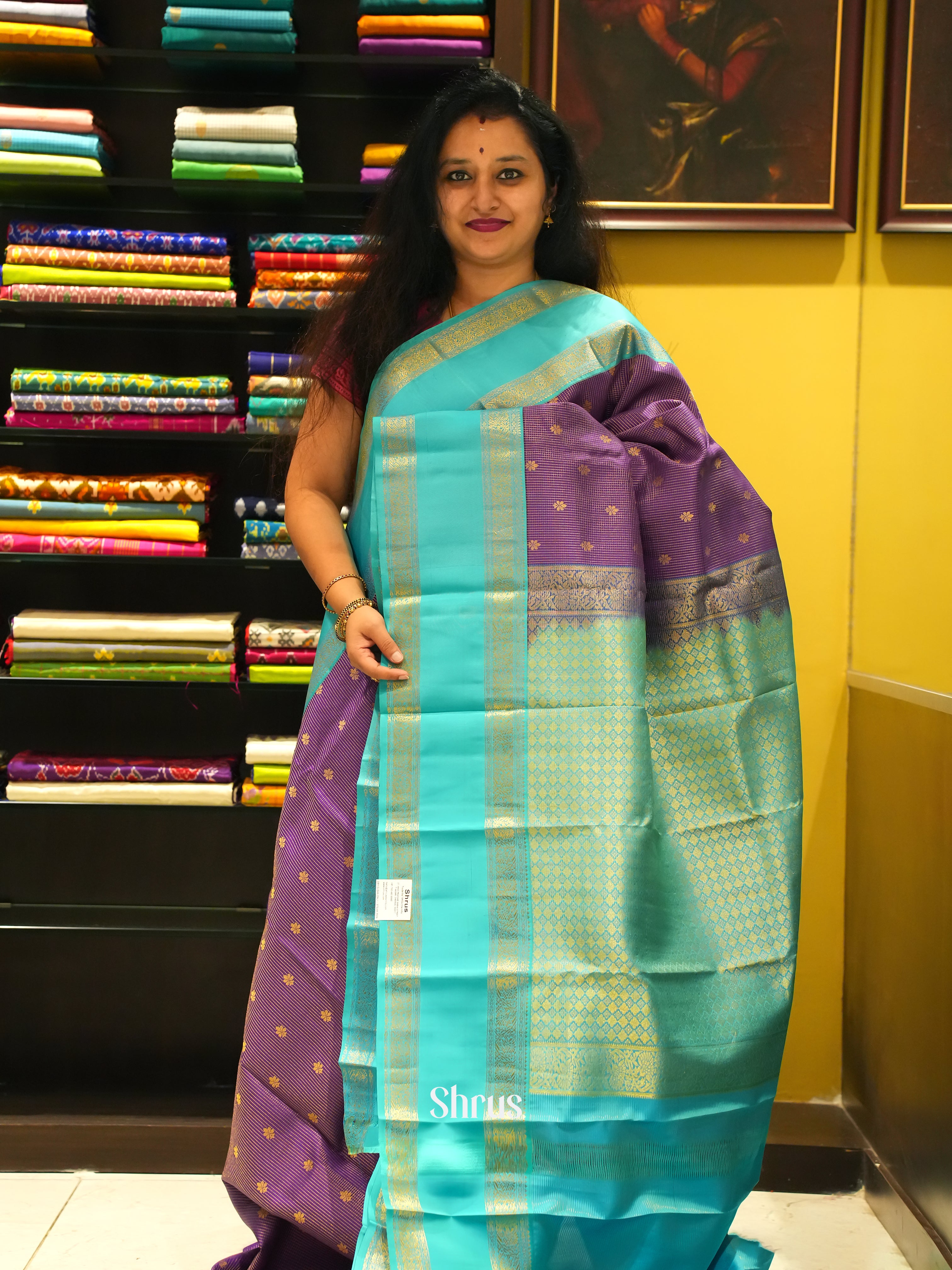 Purple & Blue - Kanchipuram Silk Saree - Shop on ShrusEternity.com