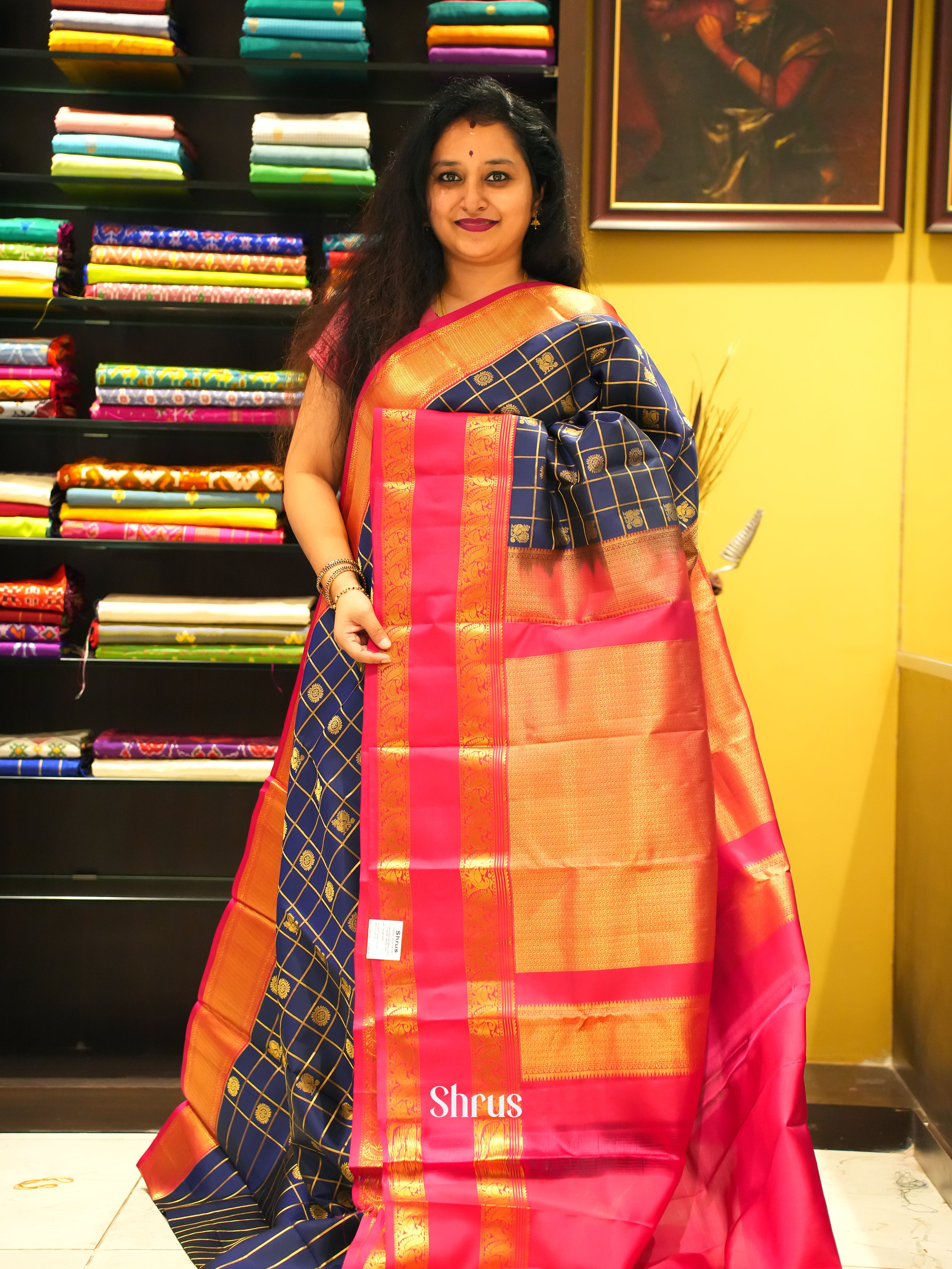 Blue & Pink - Kanchipuram Silk Saree - Shop on ShrusEternity.com