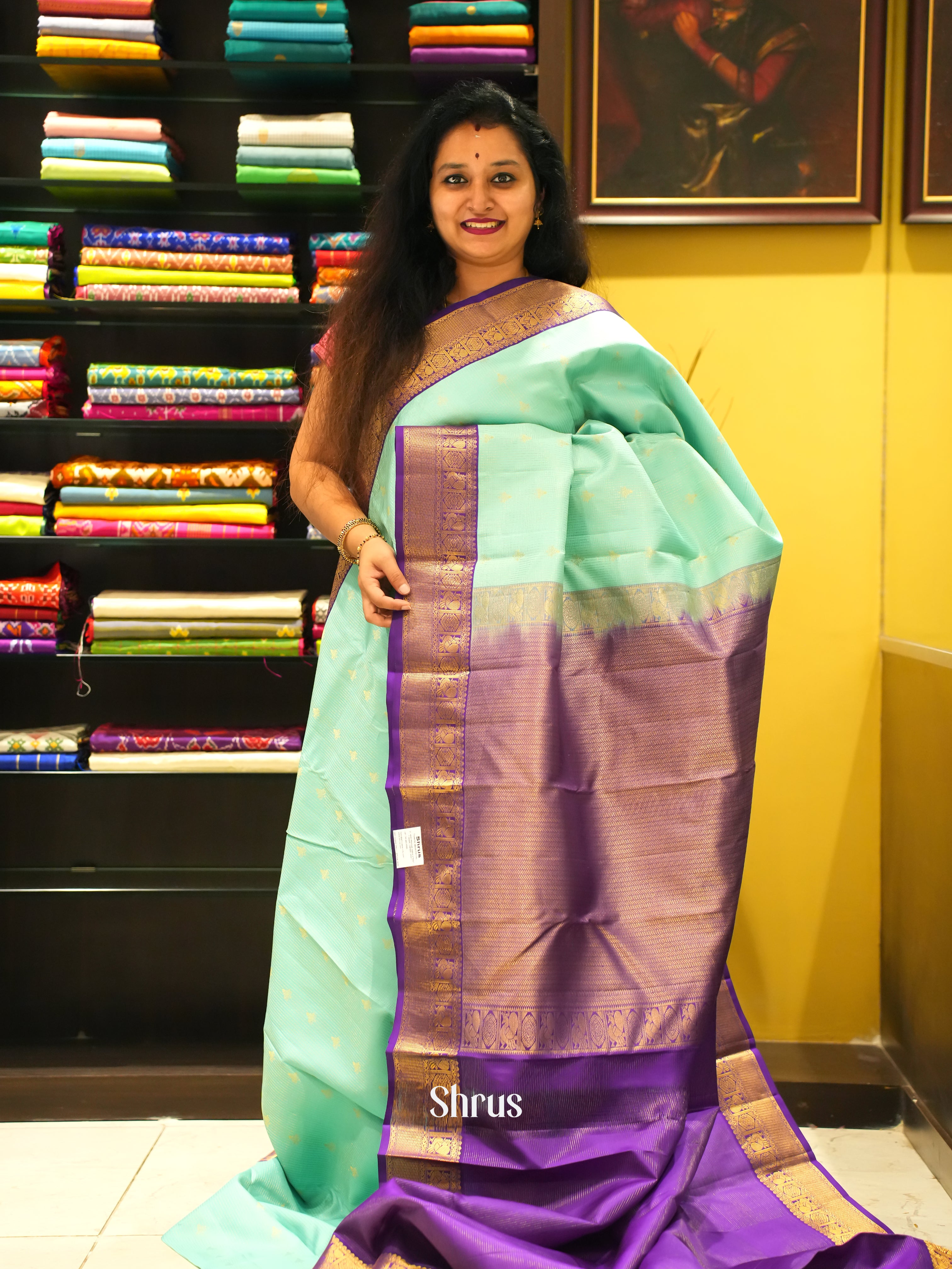 Ice Green & Purple - Kanchipuram Silk Saree - Shop on ShrusEternity.com