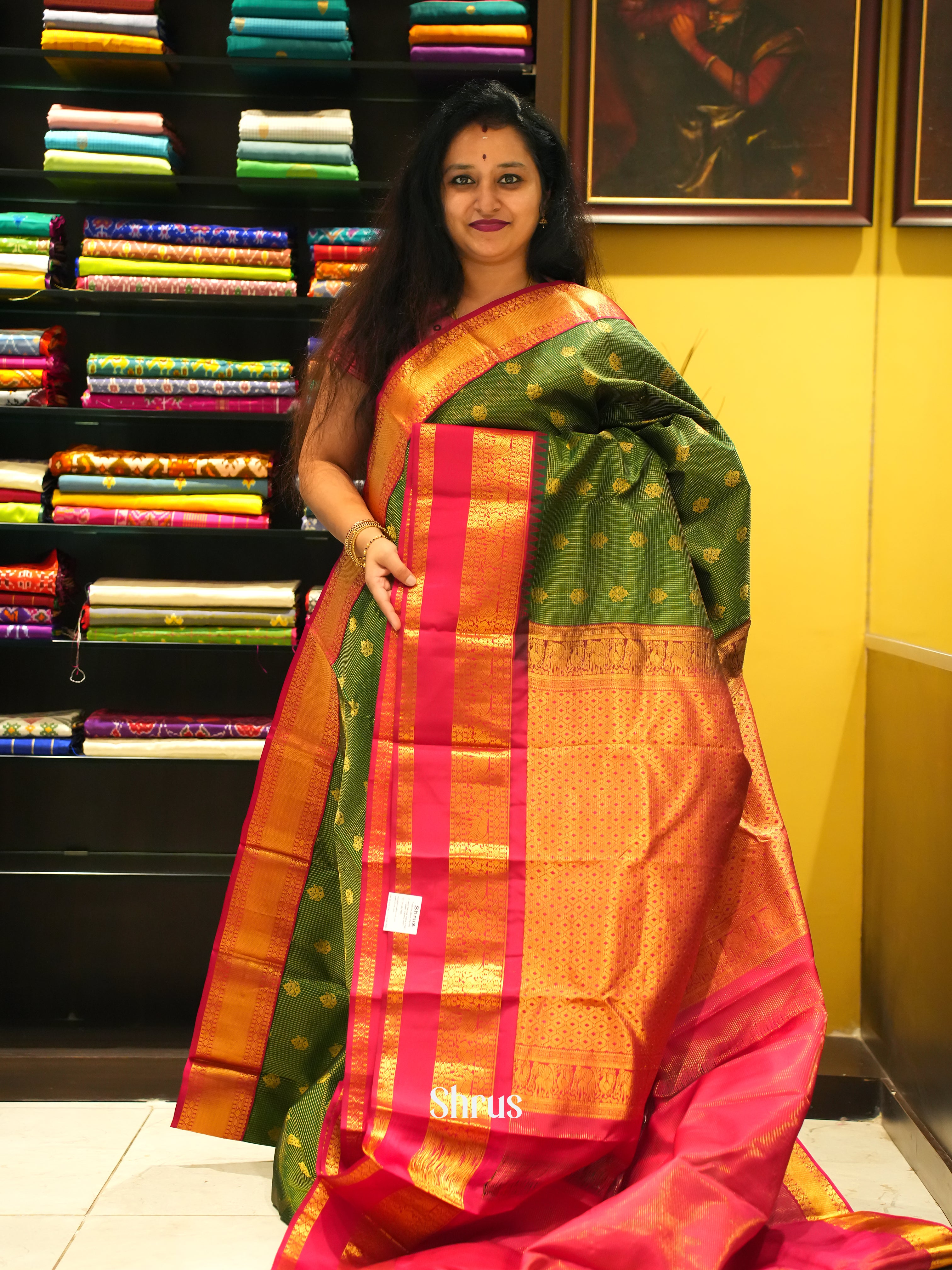 Green & Pink - Kanchipuram Silk Saree - Shop on ShrusEternity.com