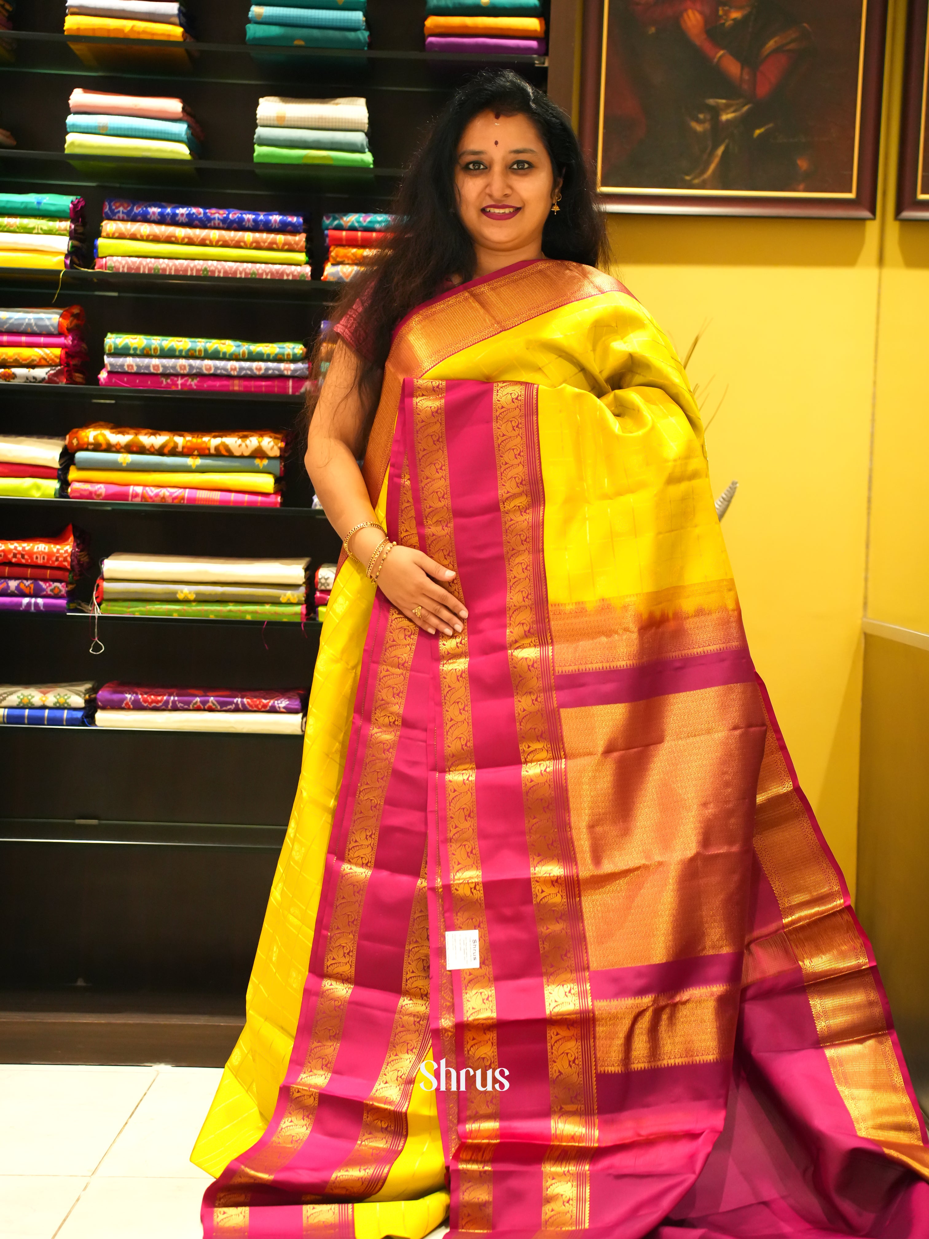 Yellow  & Majenta  - Kanchipuram Silk Saree - Shop on ShrusEternity.com