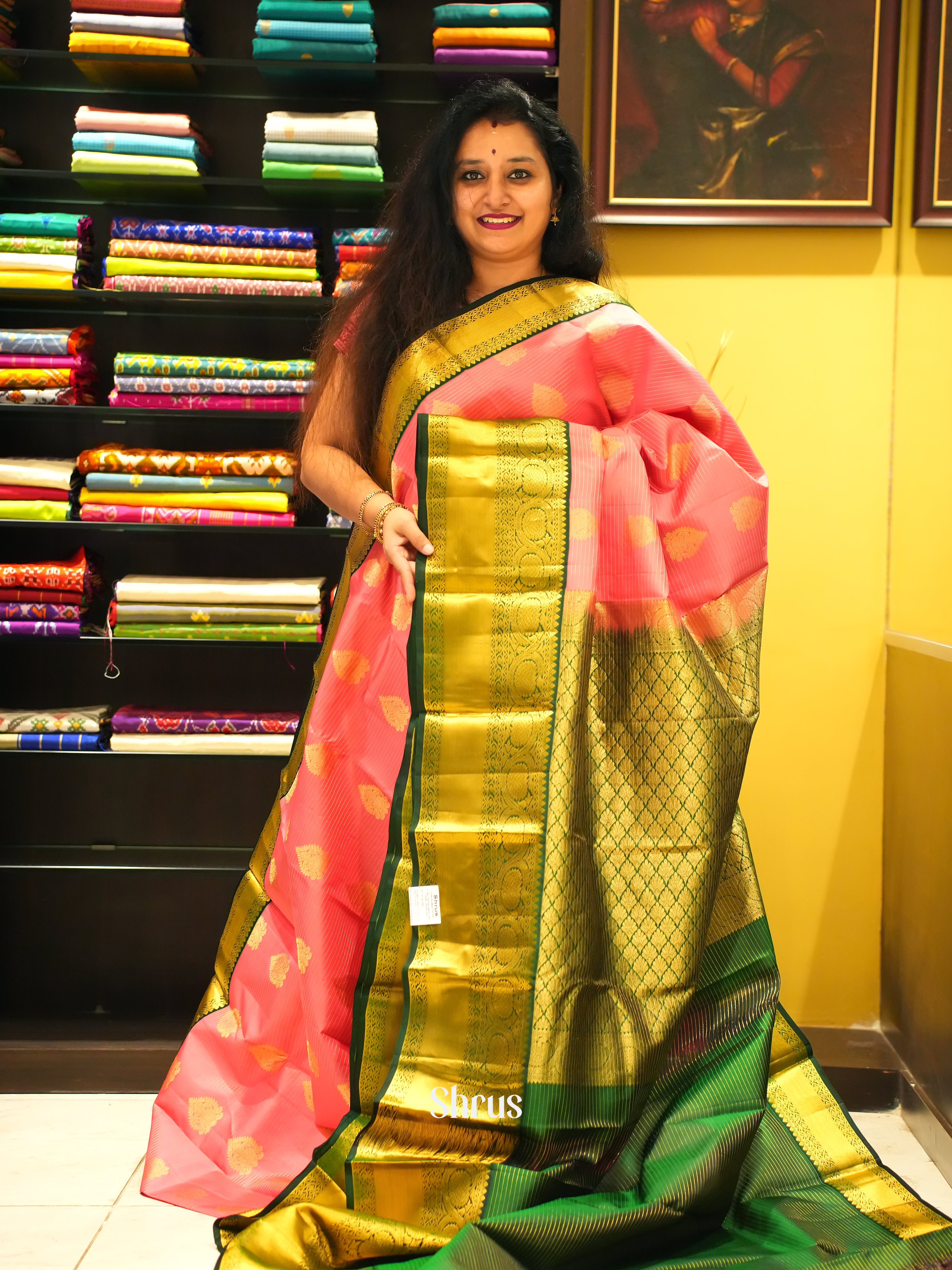 Pink & Green - Kanchipuram Silk Saree - Shop on ShrusEternity.com