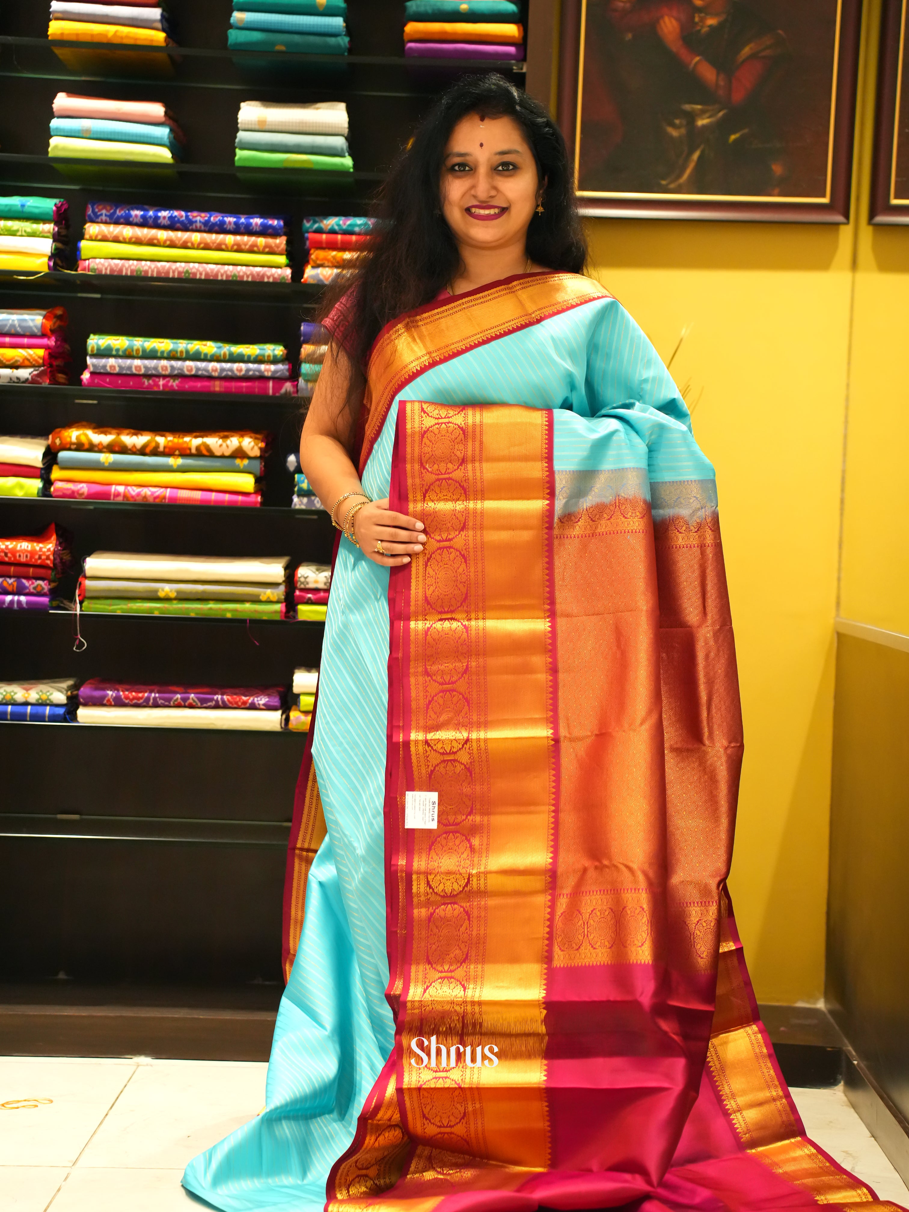 Blue & Red - Kanchipuram Silk Saree - Shop on ShrusEternity.com