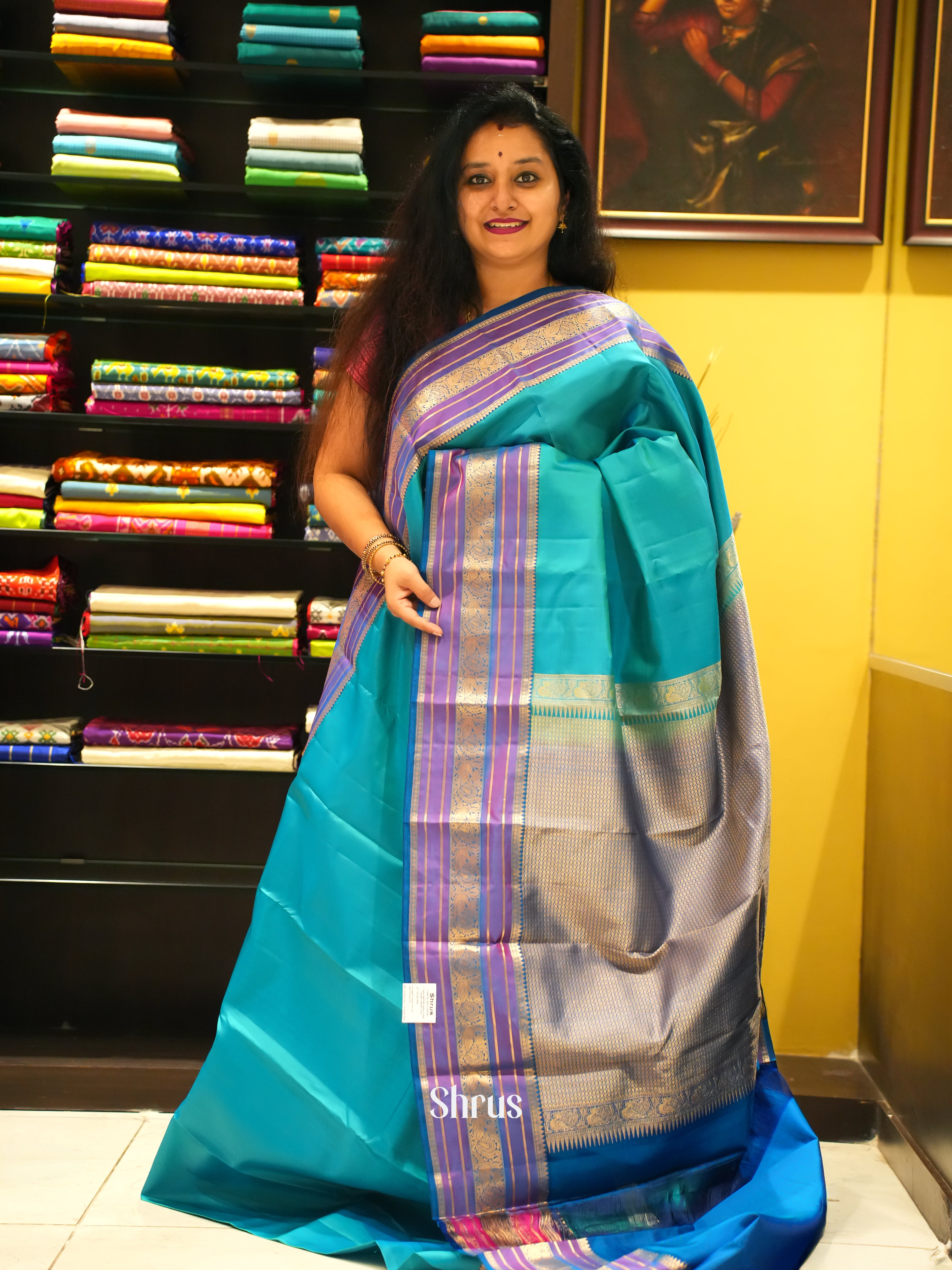 Teal & Blue - Kanchipuram Silk Saree - Shop on ShrusEternity.com