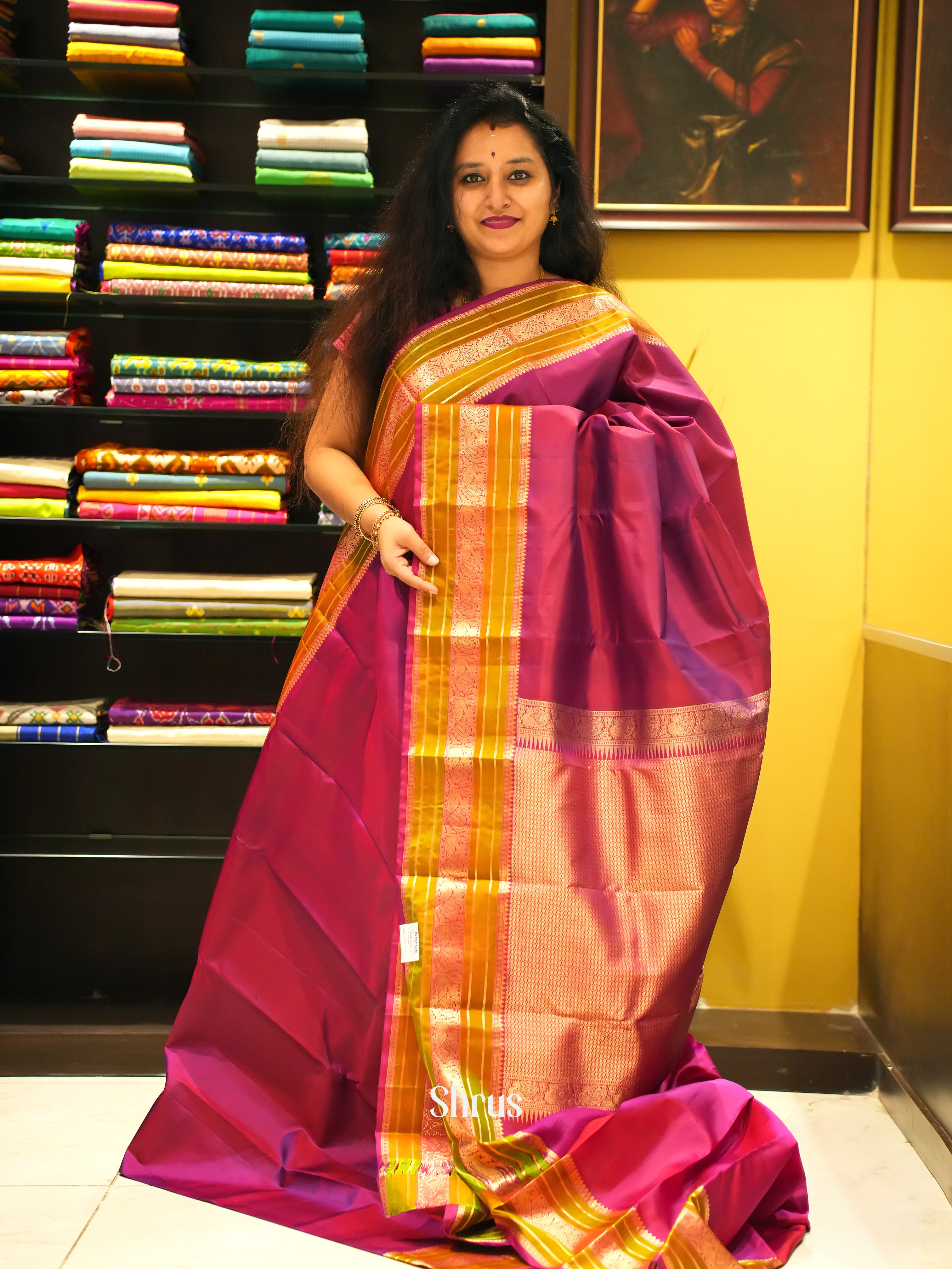 Majenta Pink & Green - Kanchipuram Silk Saree - Shop on ShrusEternity.com