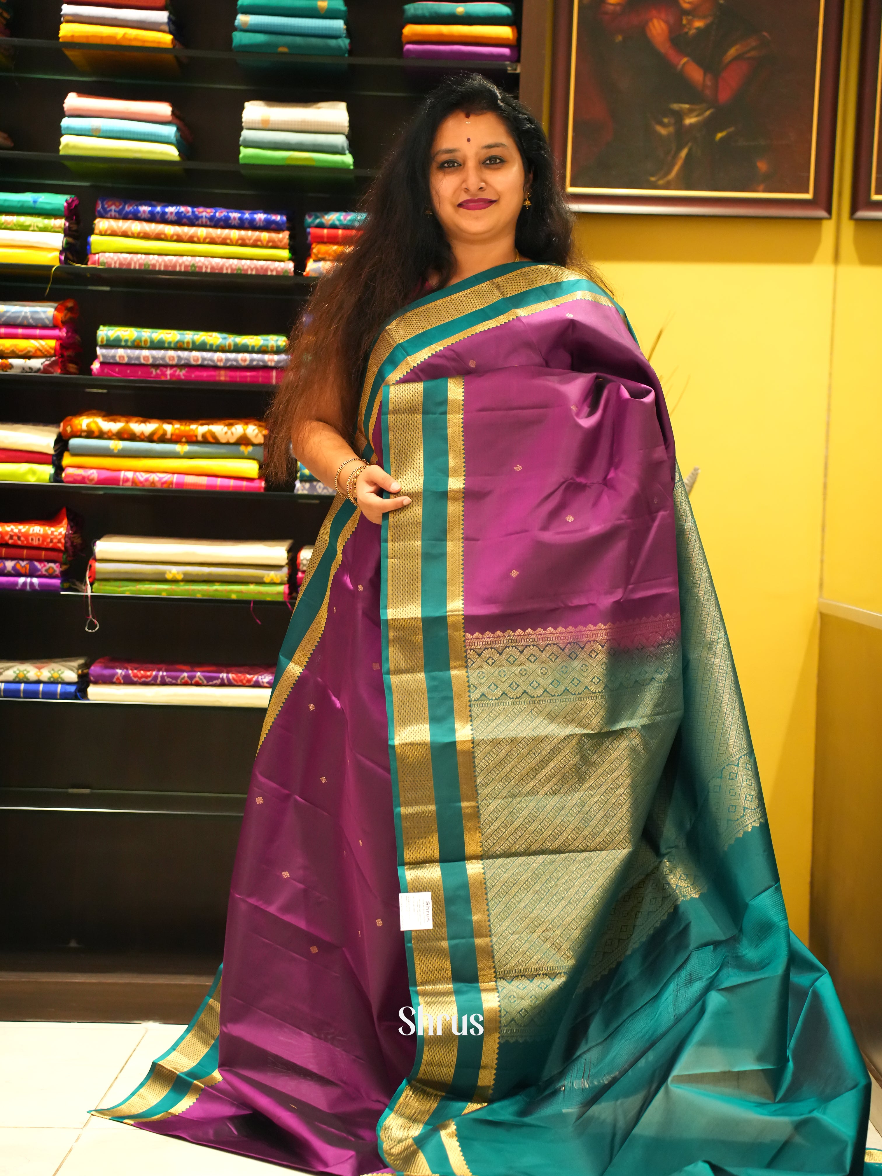 Purple & Green - Kanchipuram Silk Saree - Shop on ShrusEternity.com