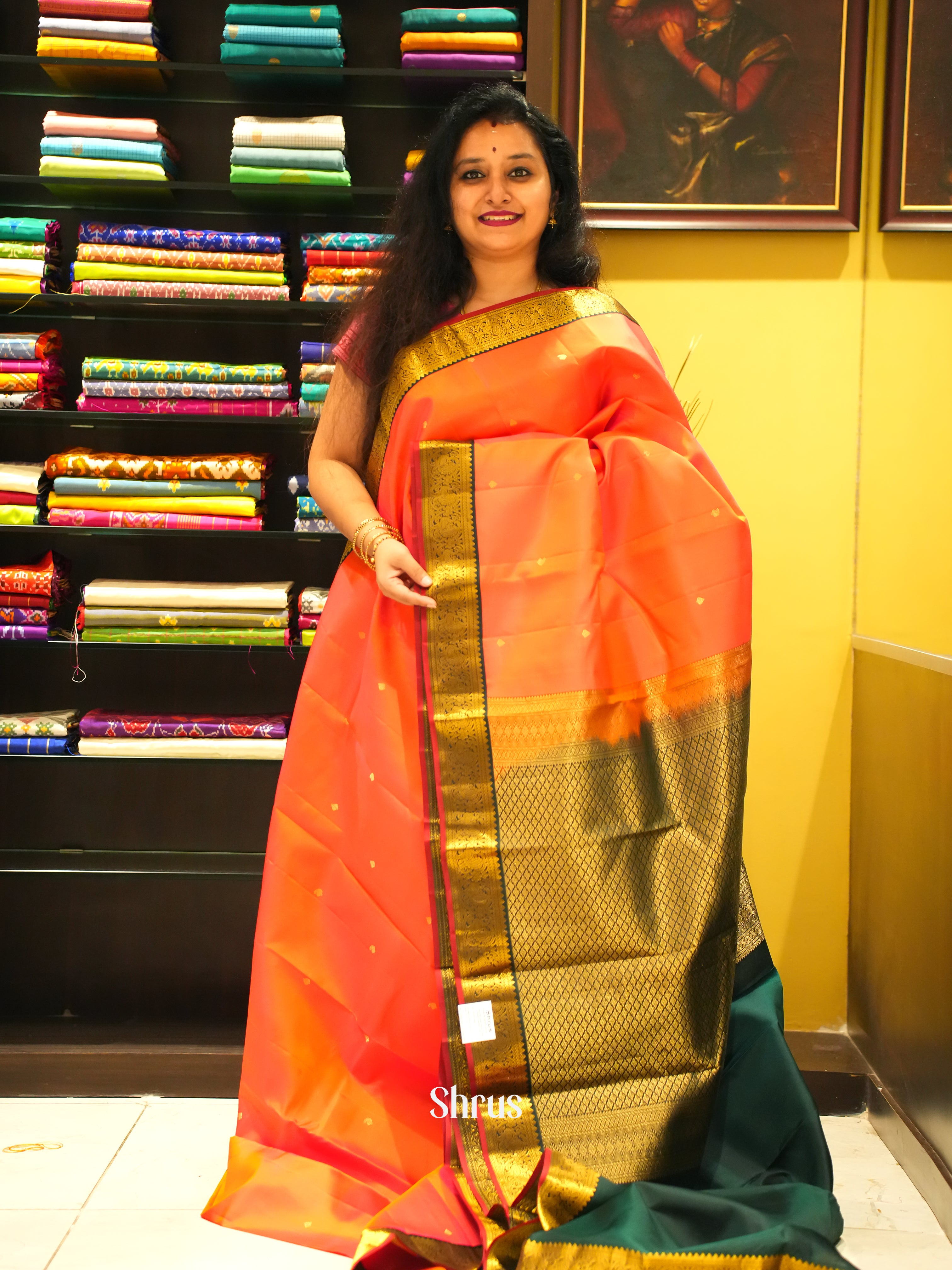 Orange & Green - Kanchipuram Silk Saree - Shop on ShrusEternity.com