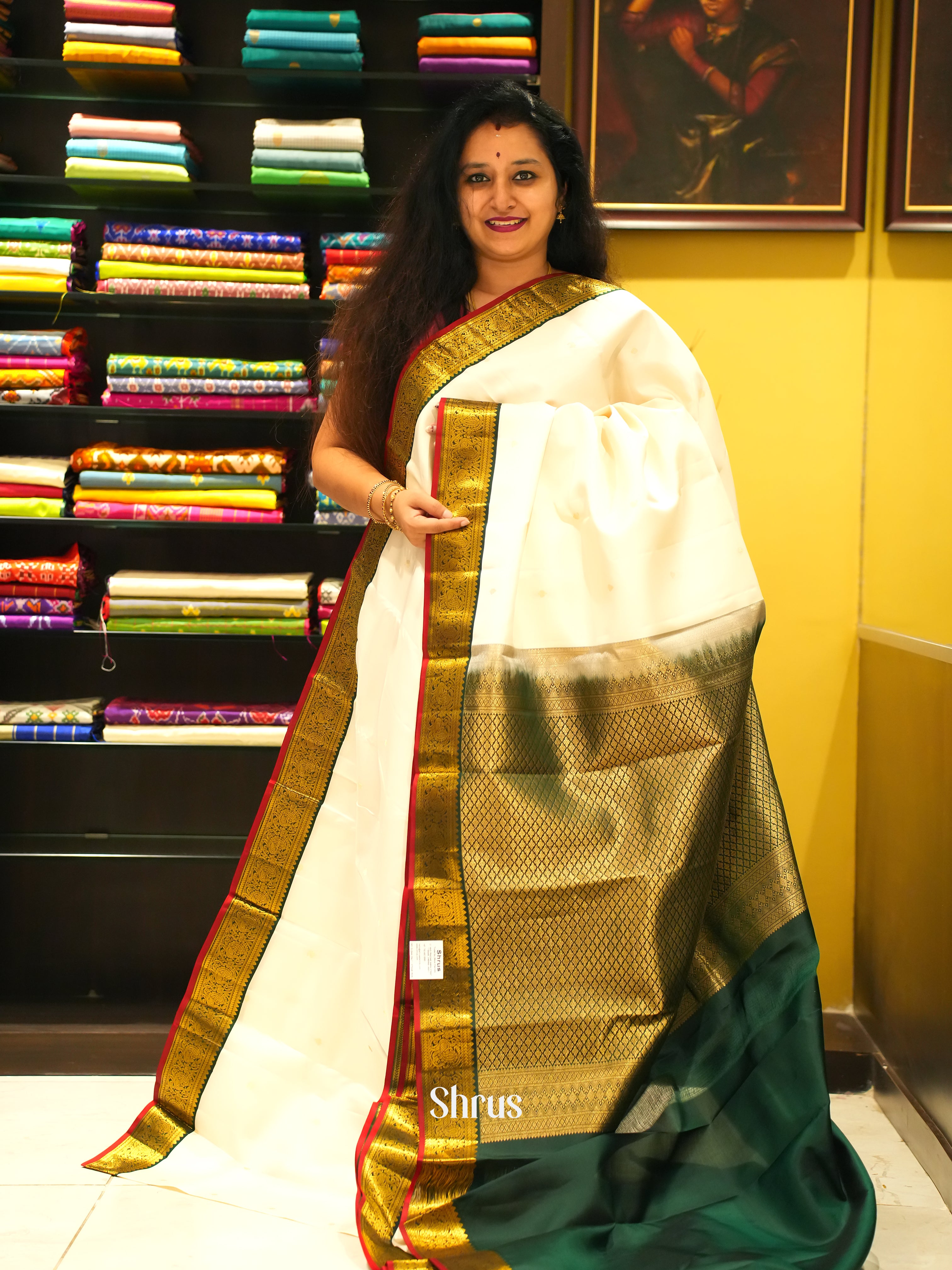 Cream & Green - Kanchipuram Silk Saree - Shop on ShrusEternity.com