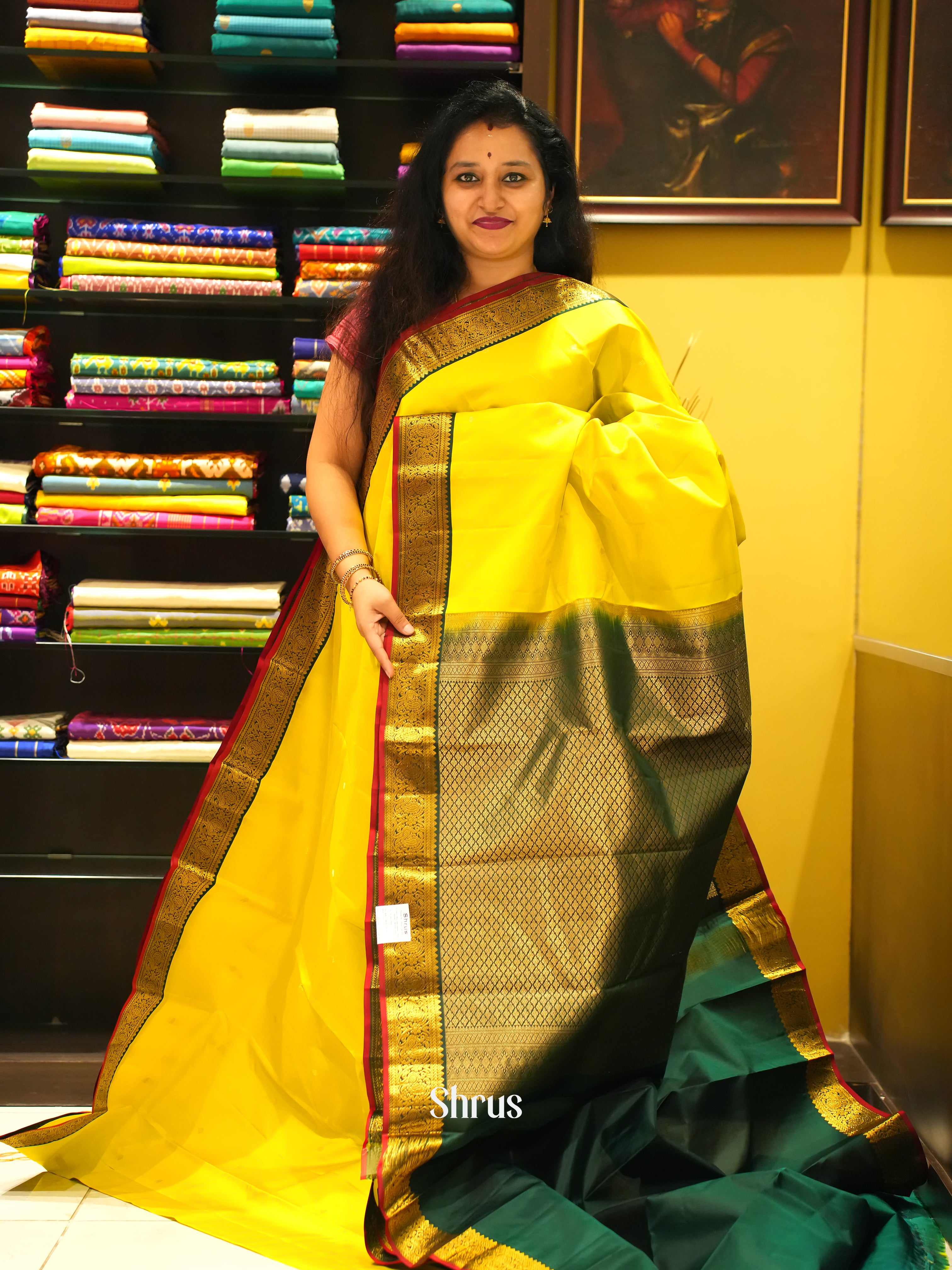 Yellow & Green - Kanchipuram Silk Saree - Shop on ShrusEternity.com