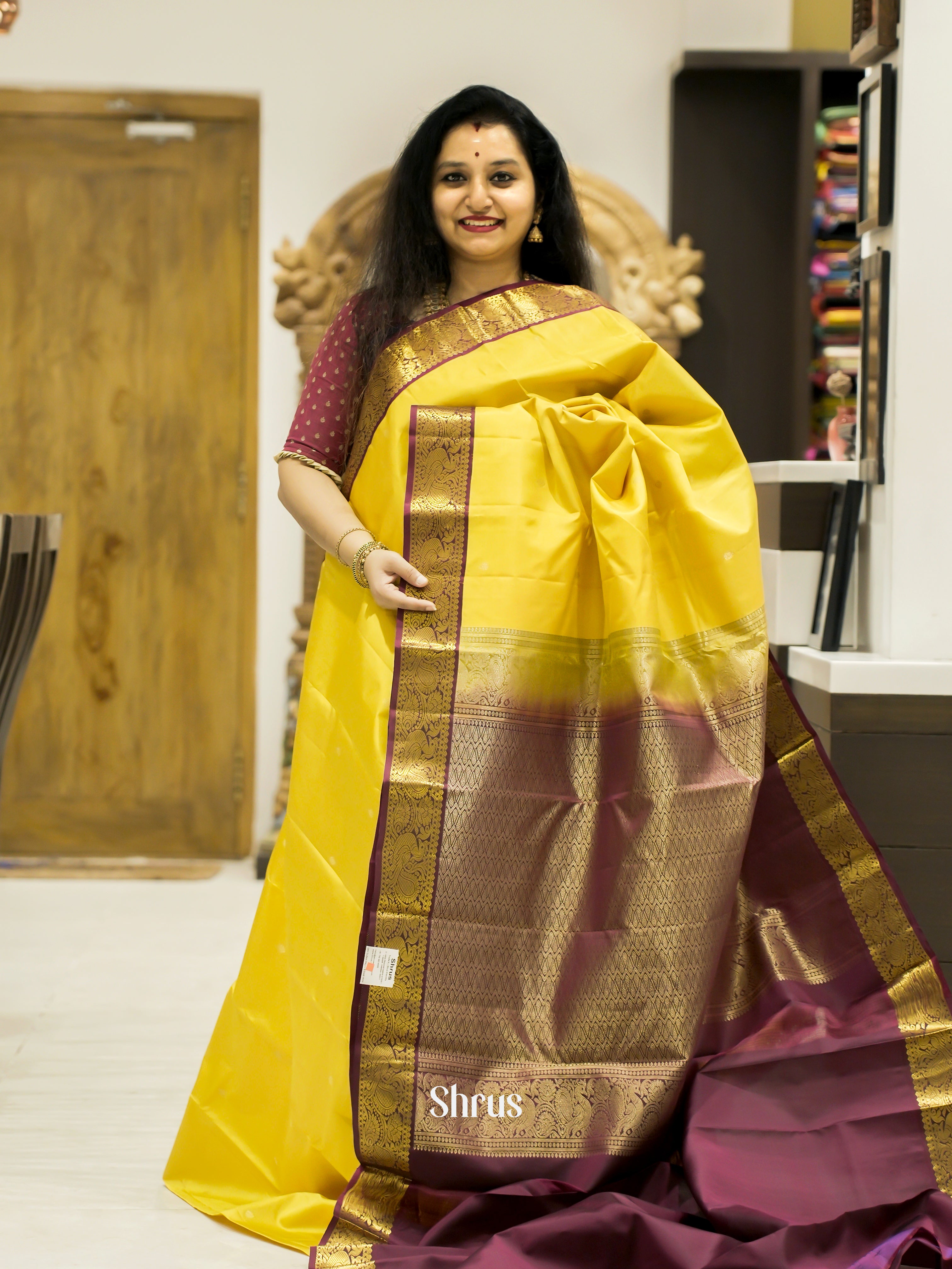 Mustardy Yellow & Maroon - Korvai Kanchipuram silk