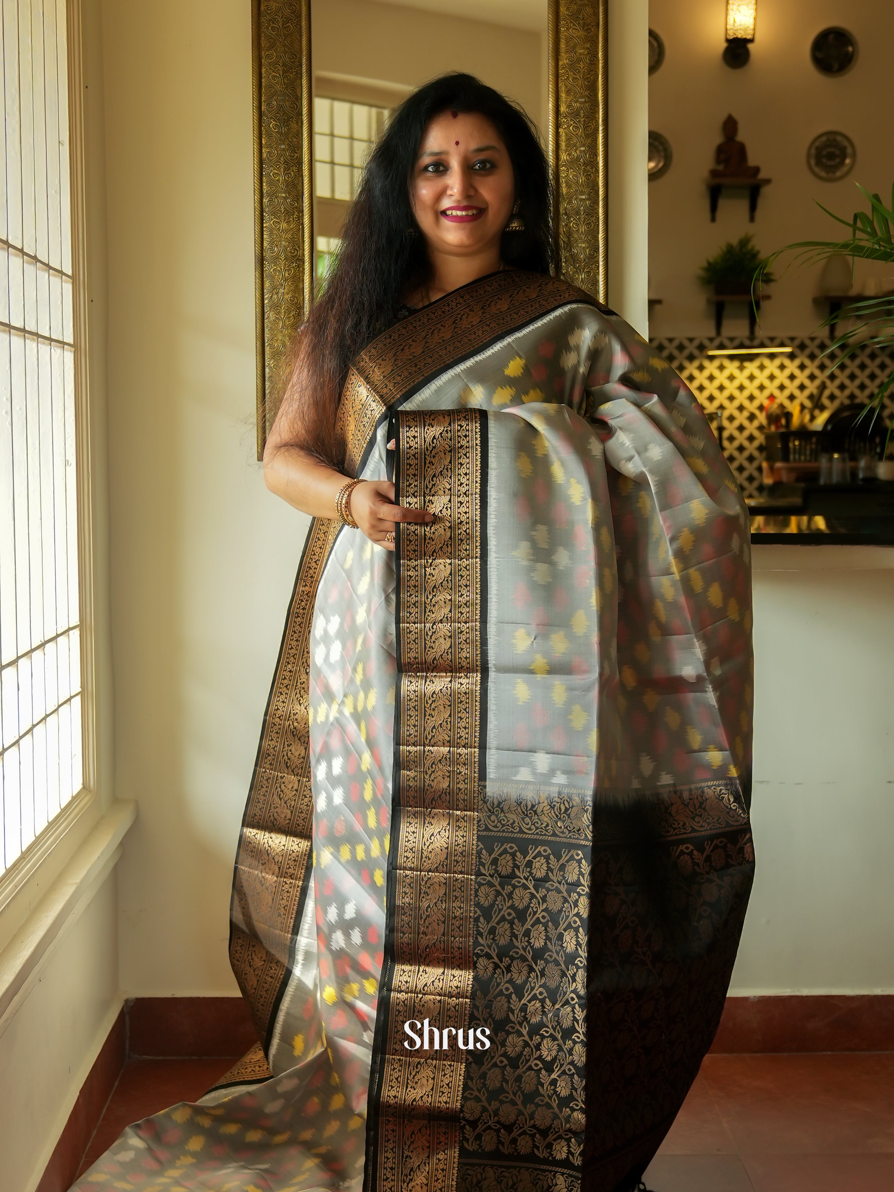 Grey & Black - Soft Silk Saree