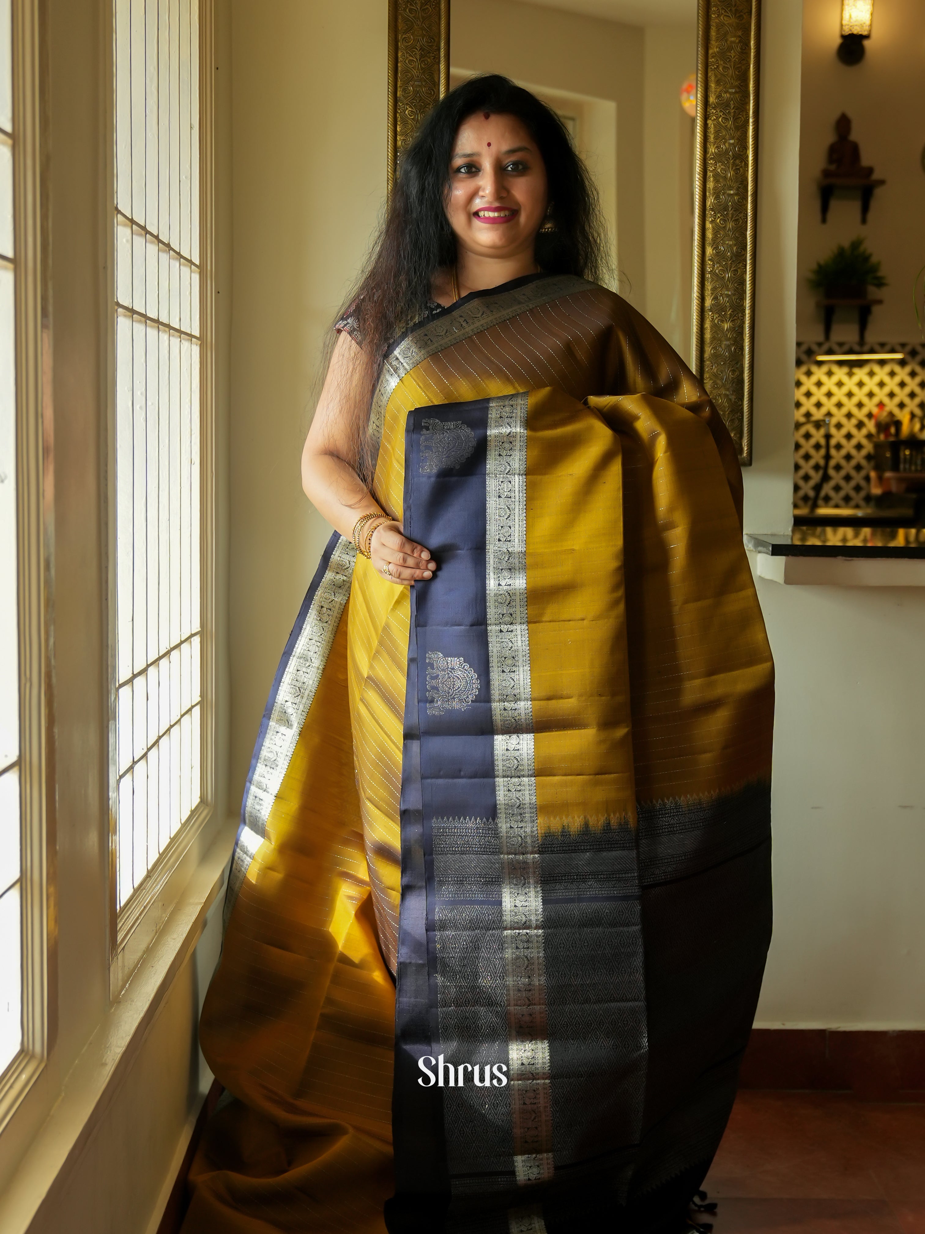 Mustard & Blue - Soft Silk Saree