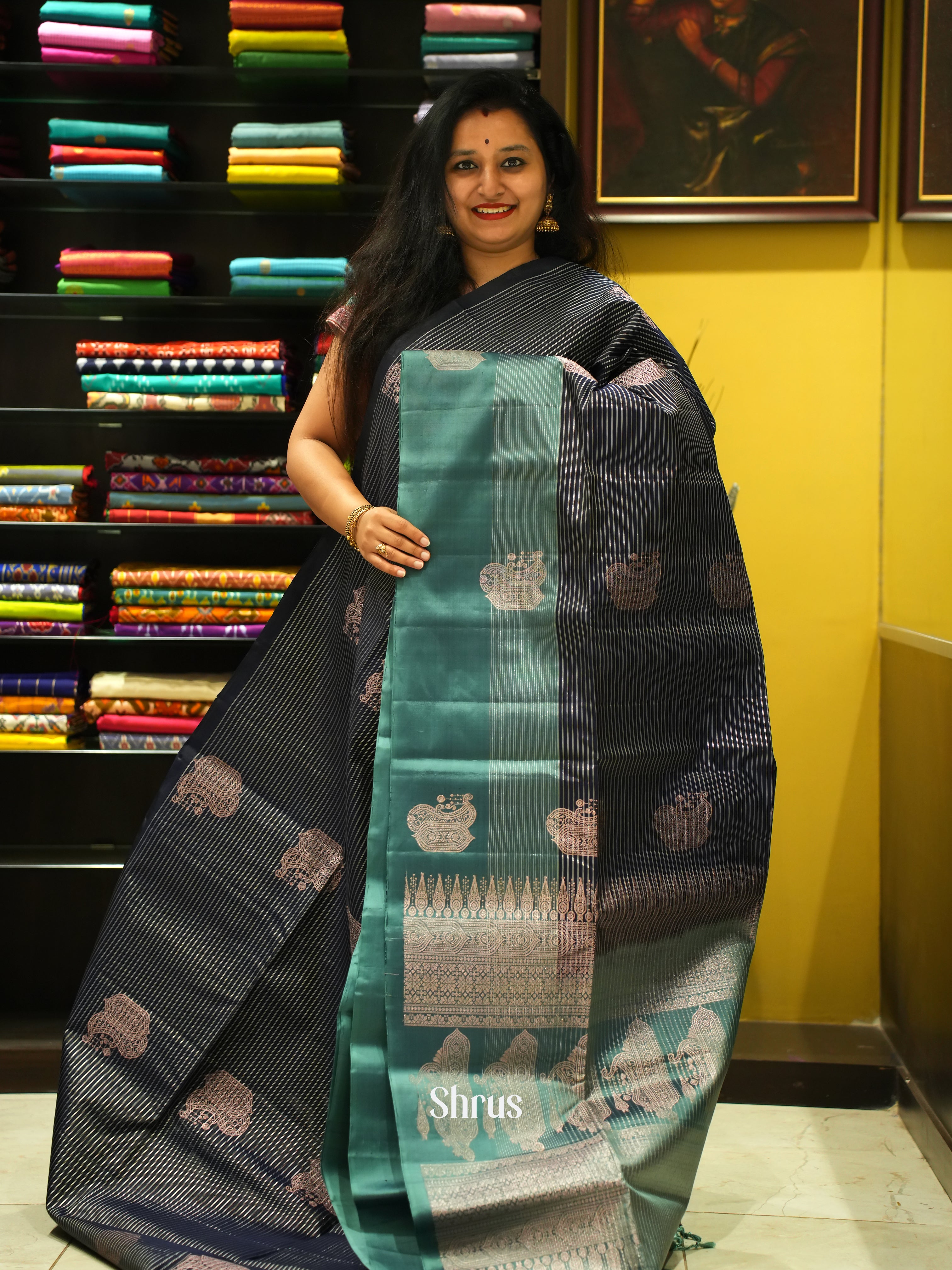 Navy Blue & Grey Green - Soft Silk Saree