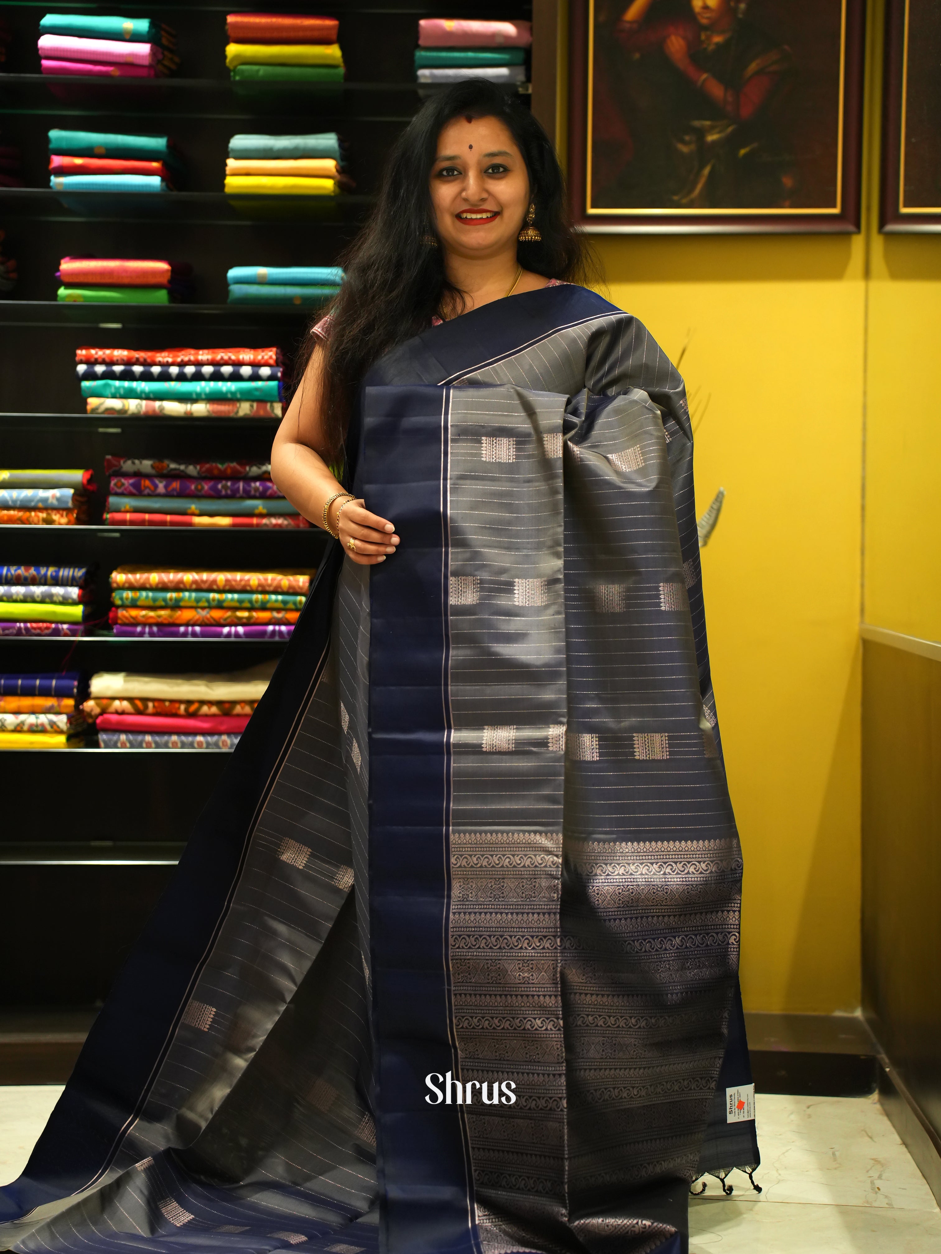 Grey & Blue - Soft Silk Saree