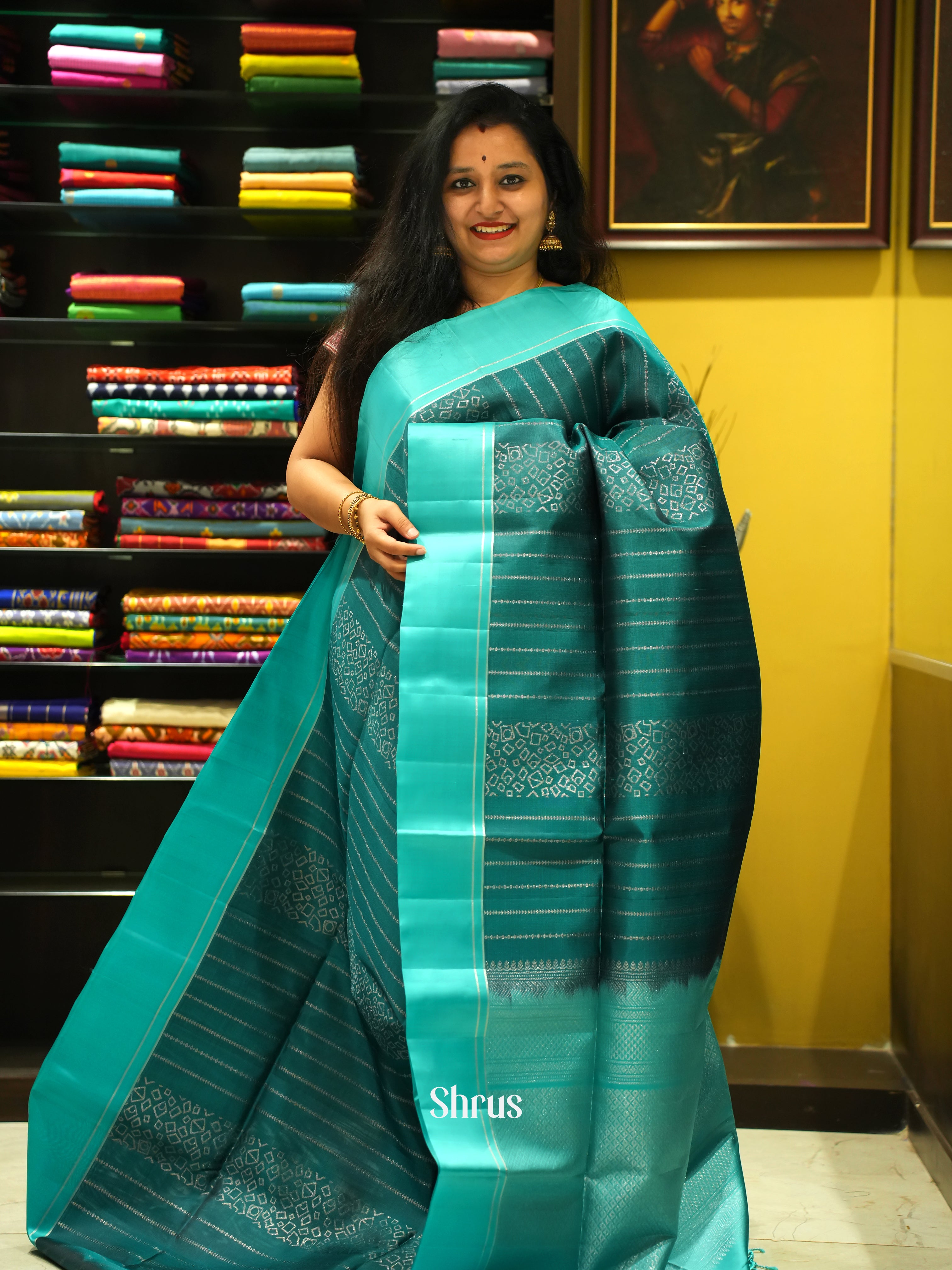 Peacock Green & Teal- Soft Silk Saree