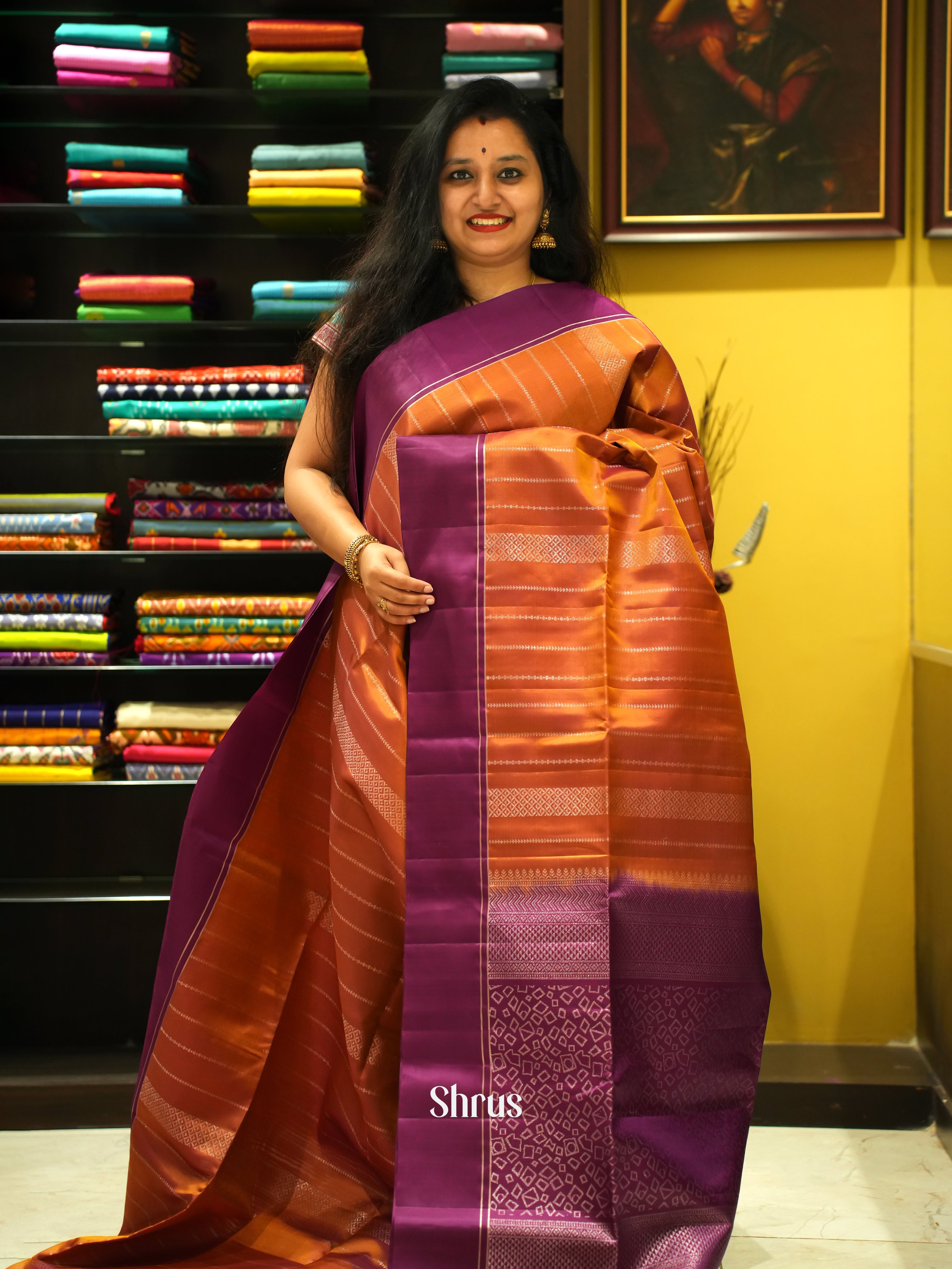 Brick Orange & Purple - Soft Silk Saree