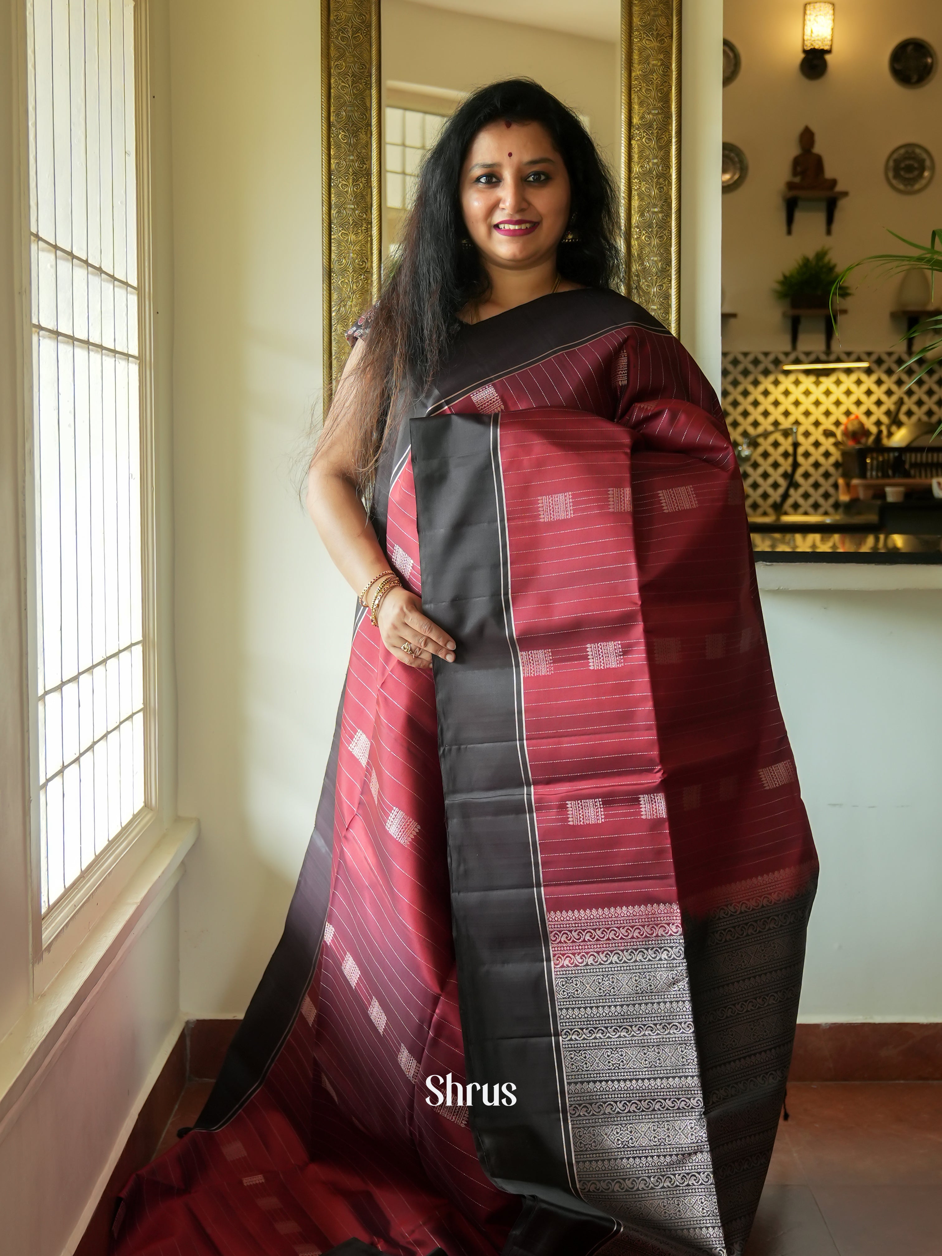 Maroon & Black - Soft Silk Saree