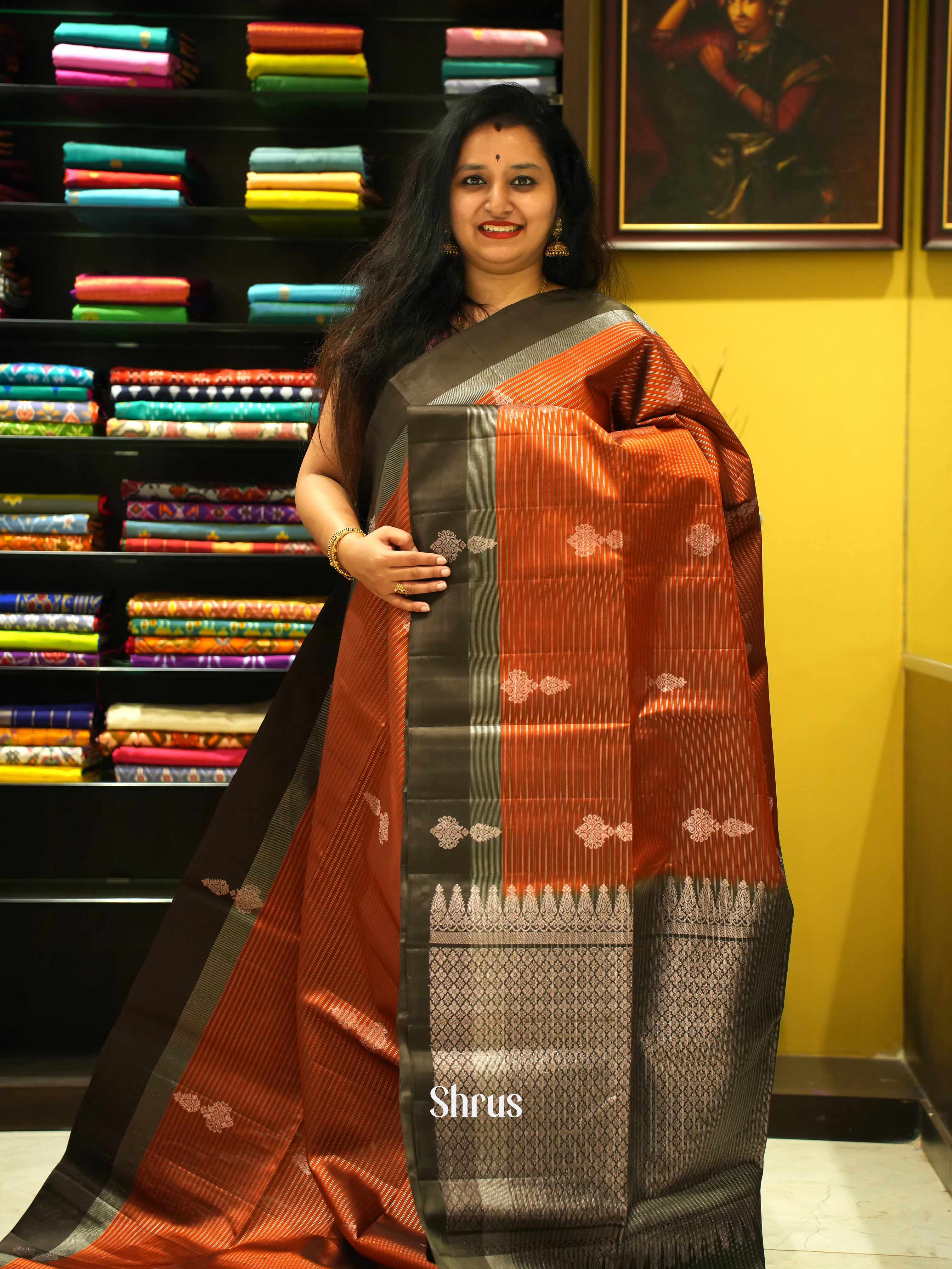 Brick Red & Black  - Soft Silk Saree