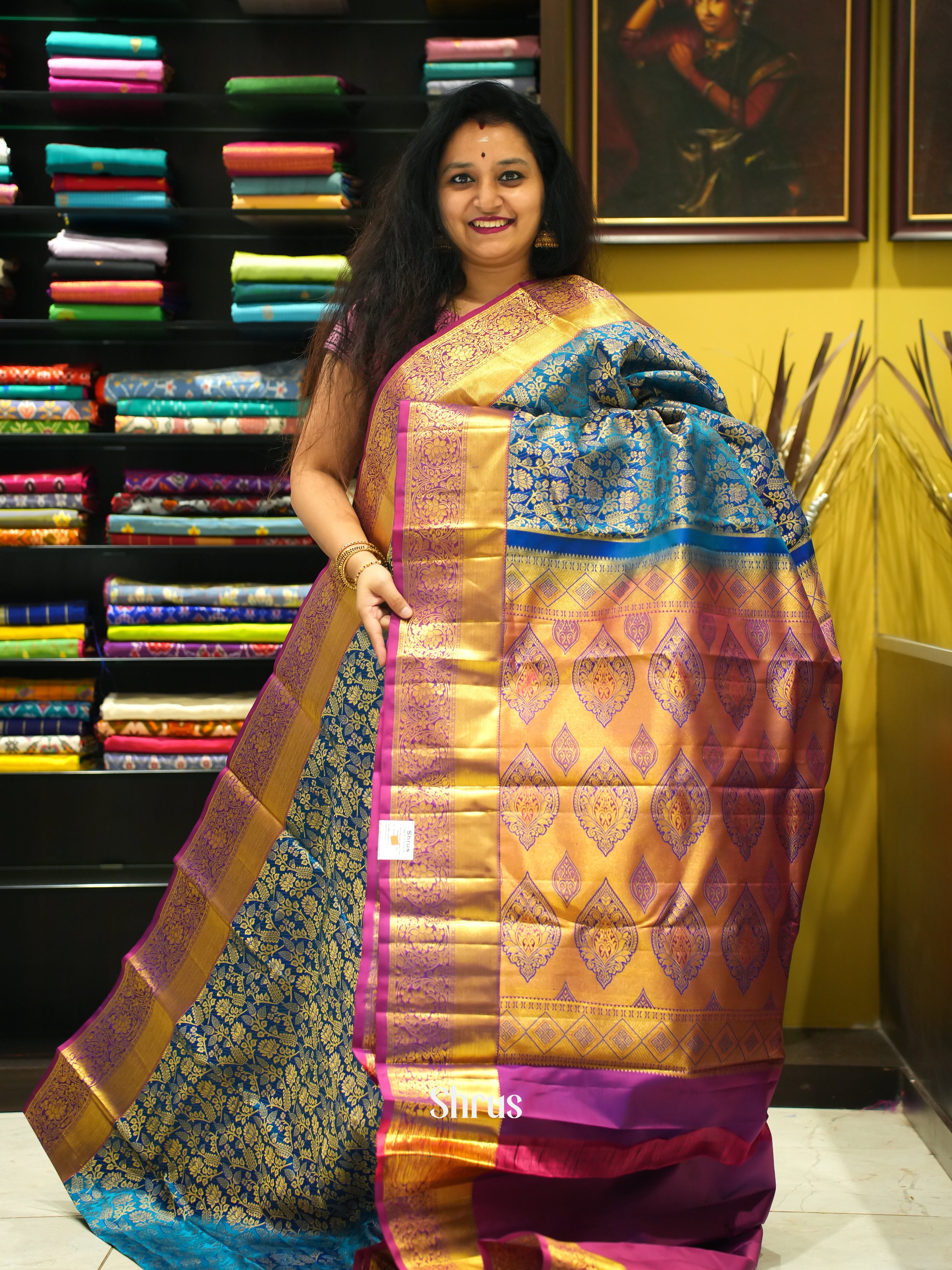 Blue & Majenta - Korvai Kanchipuram silk Saree