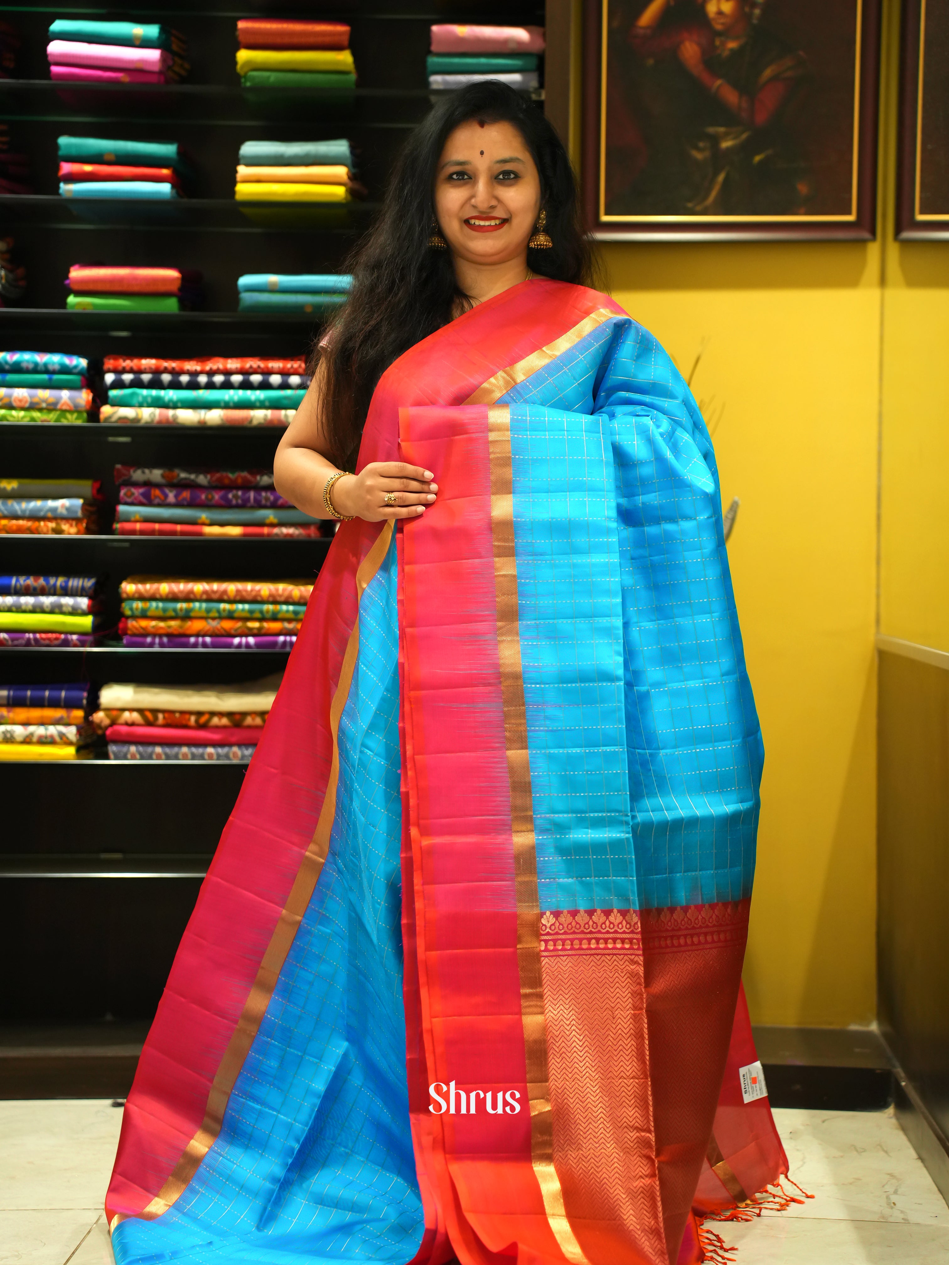 Blue & Red  - Soft Silk Saree